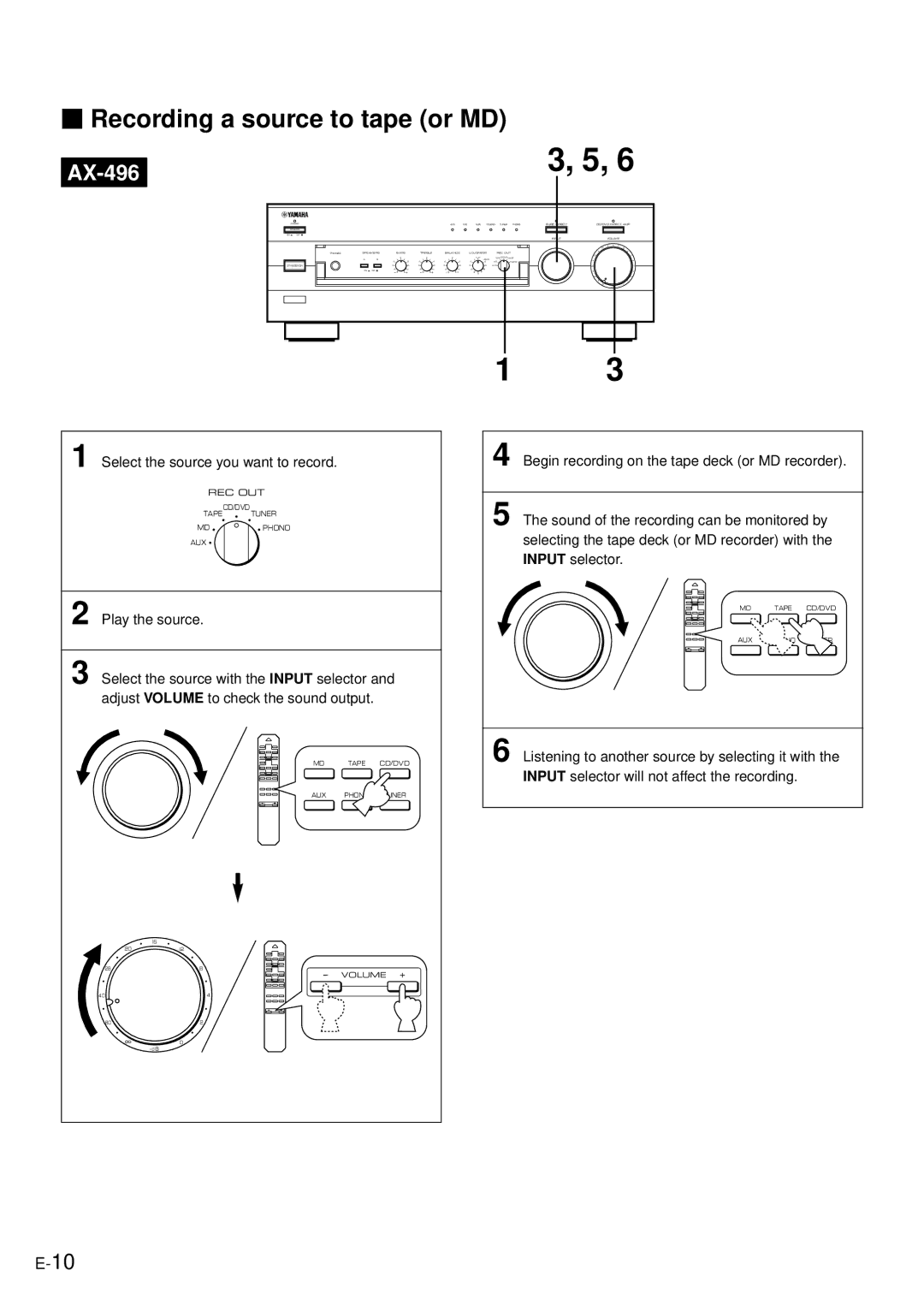 Yamaha AX-496/396 owner manual Recording a source to tape or MD 