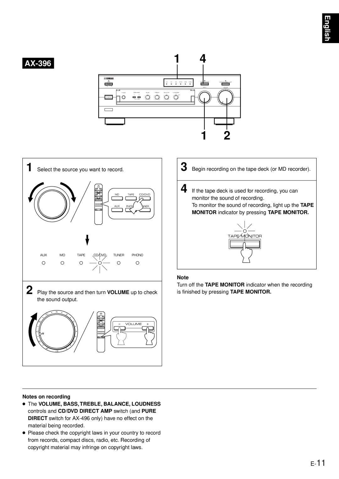 Yamaha AX-496/396 owner manual Tape Monitor 