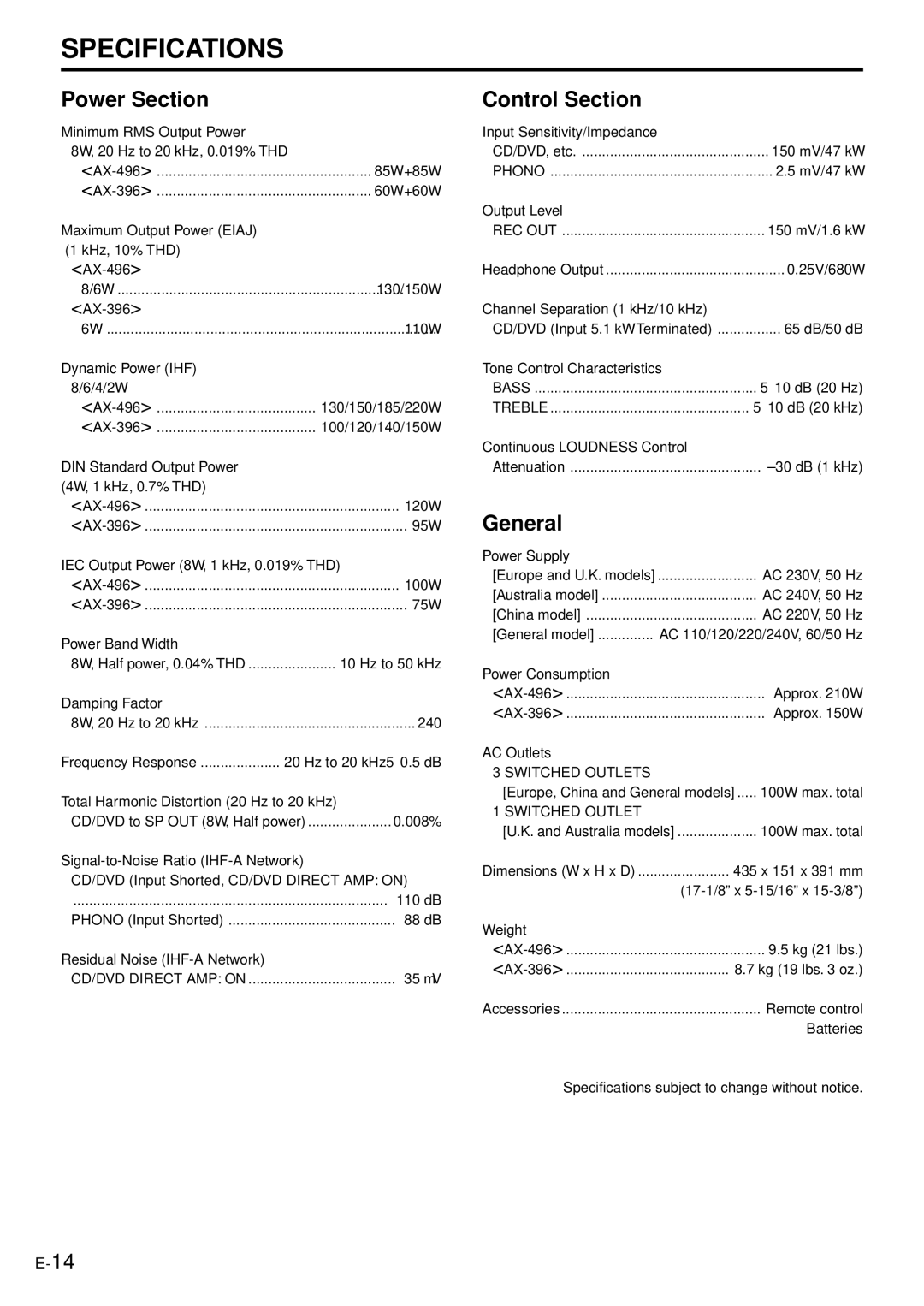 Yamaha AX-496/396 owner manual Specifications 