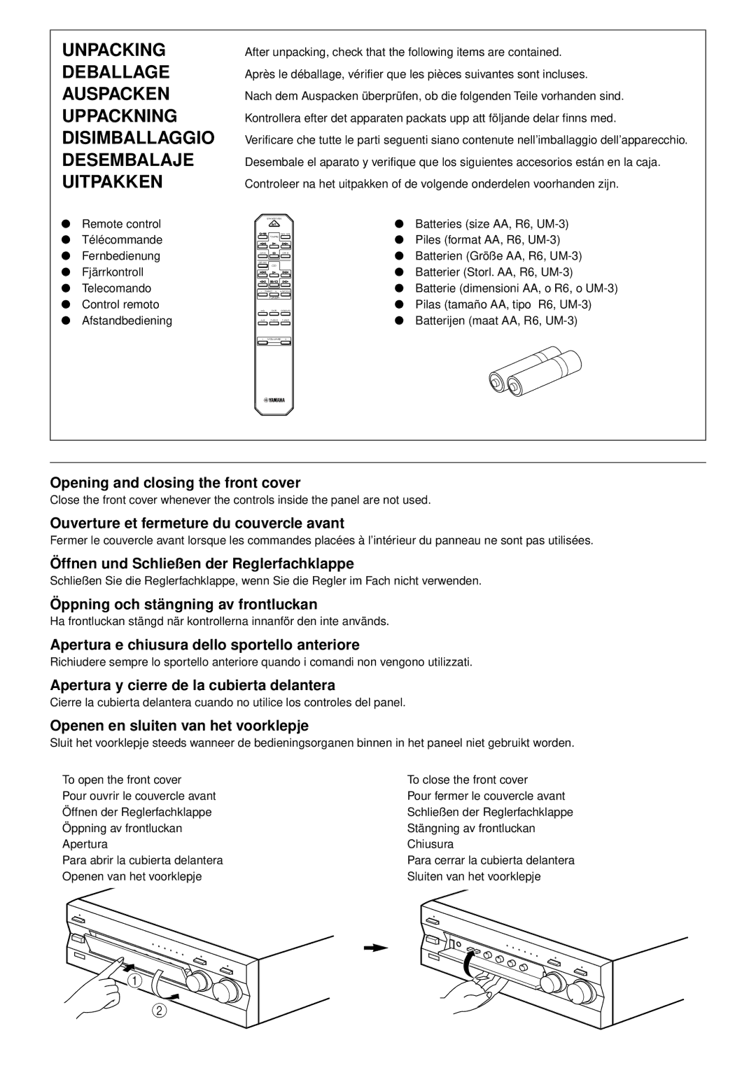 Yamaha AX-496/396 owner manual Opening and closing the front cover, Ouverture et fermeture du couvercle avant 