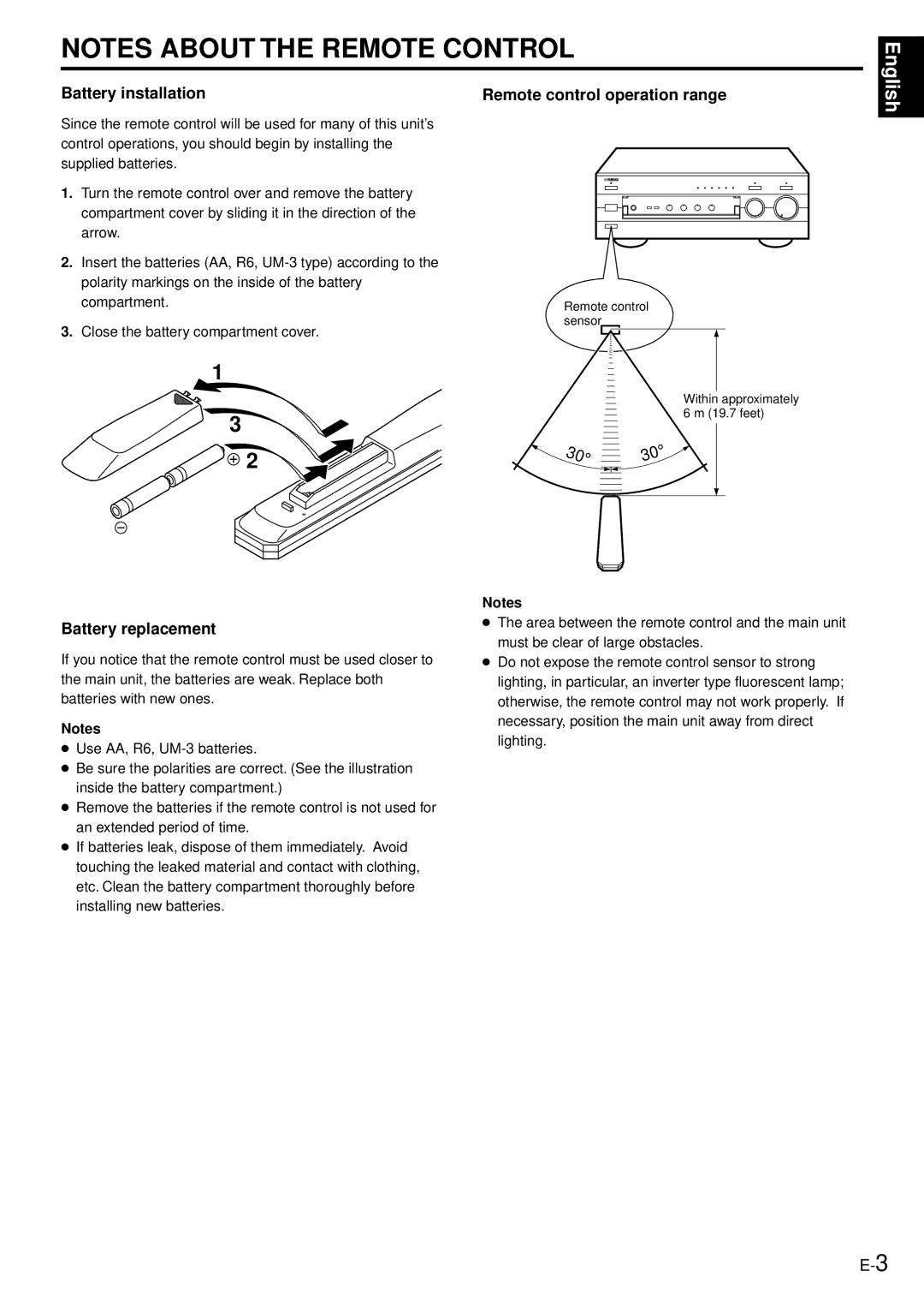 Yamaha AX-496/396 owner manual Battery installation Remote control operation range 