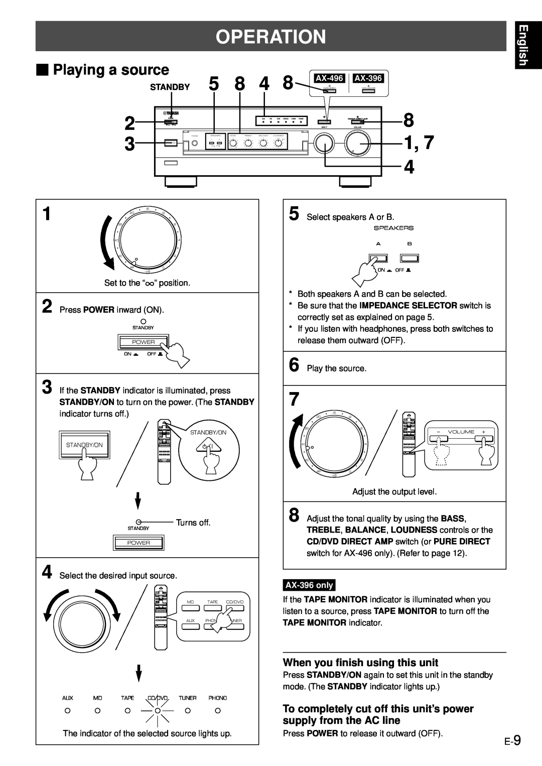 Yamaha AX-496/396 owner manual Operation, Playing a source, When you finish using this unit, English, Standby, AX-396only 