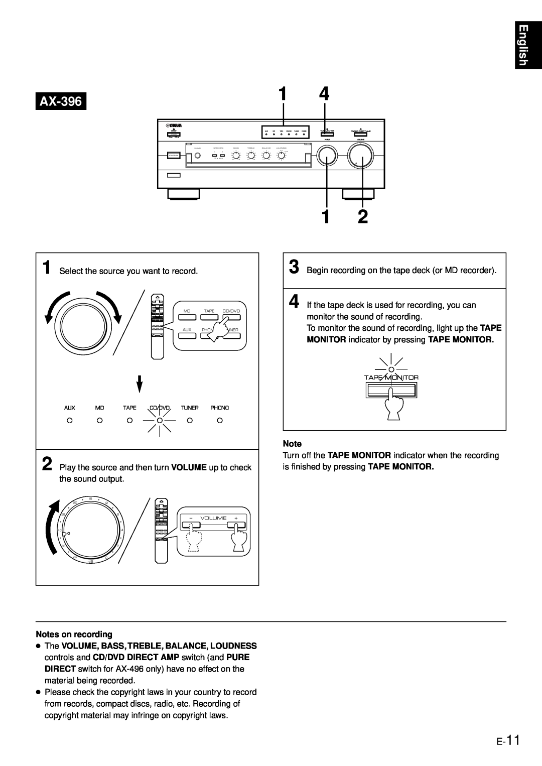 Yamaha AX-496/396 owner manual E-11, AX-396, English, Notes on recording 