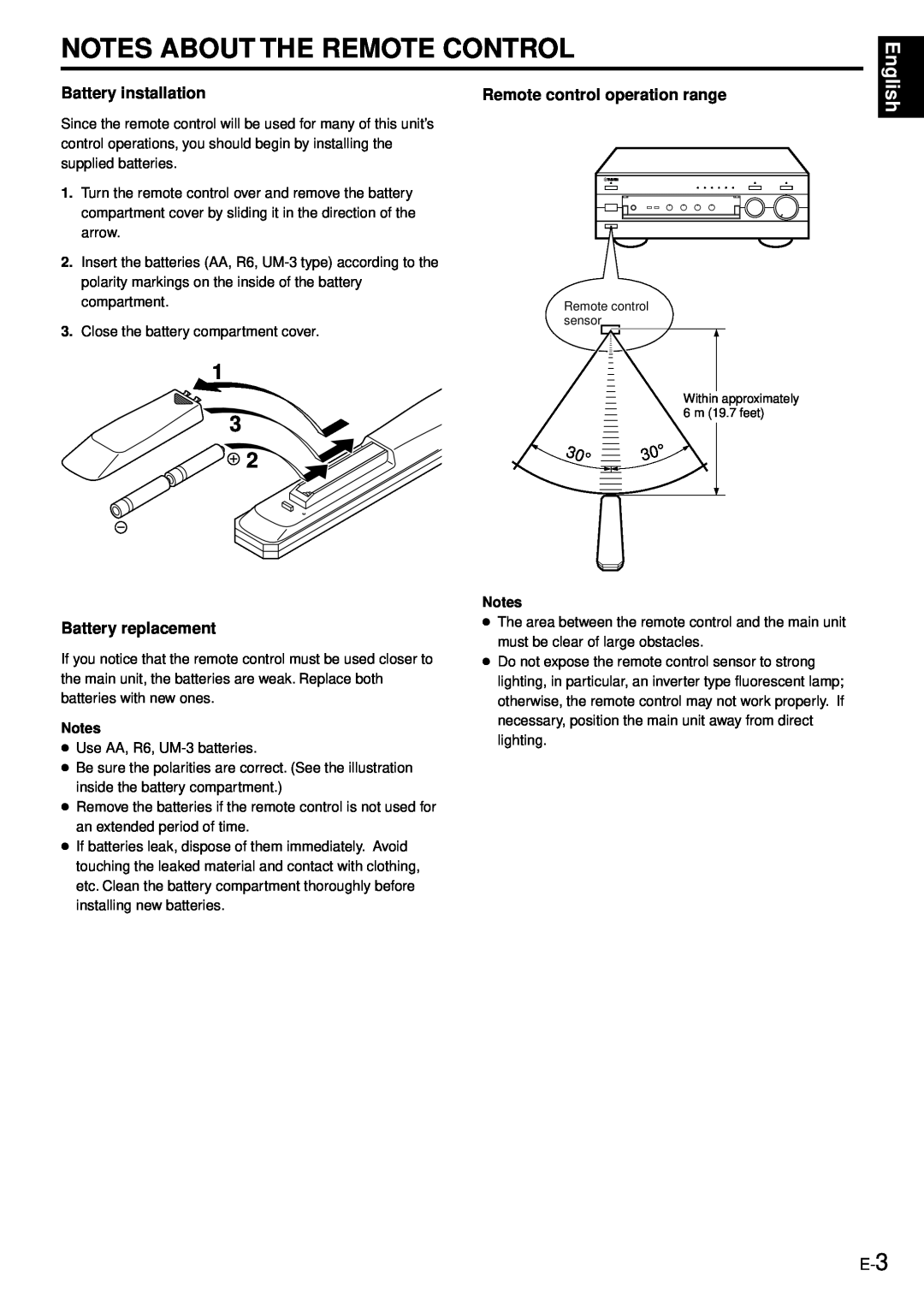 Yamaha AX-496/396 Notes About The Remote Control, Battery installation, Remote control operation range, English 