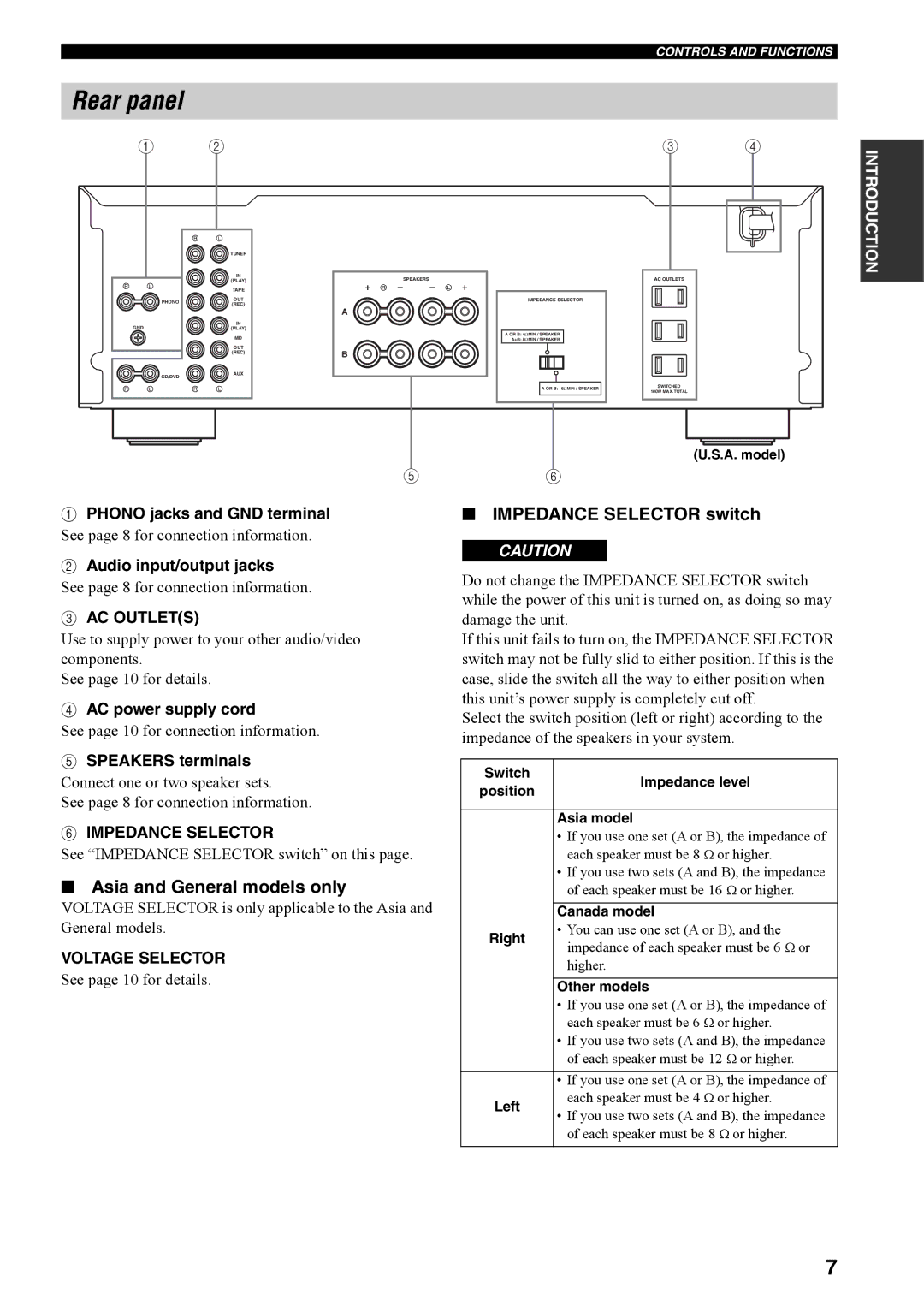 Yamaha AX-397, AX-497 owner manual Rear panel, Impedance Selector switch, Asia and General models only 