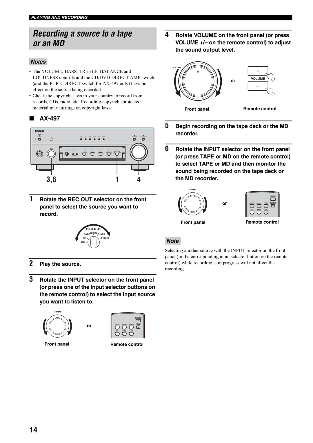 Yamaha AX-497, AX-397 owner manual Recording a source to a tape or an MD 