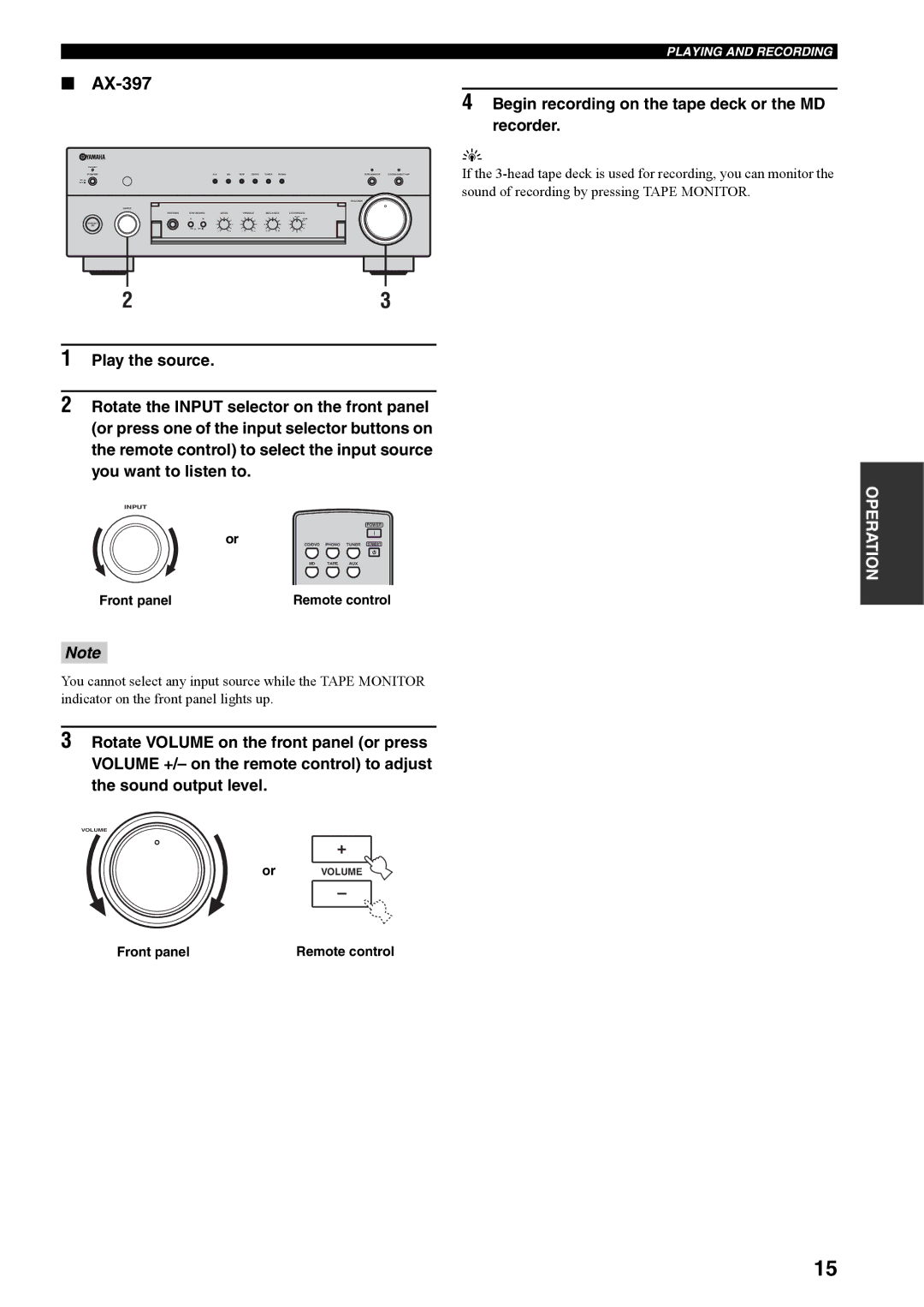 Yamaha AX-397, AX-497 owner manual Begin recording on the tape deck or the MD recorder 