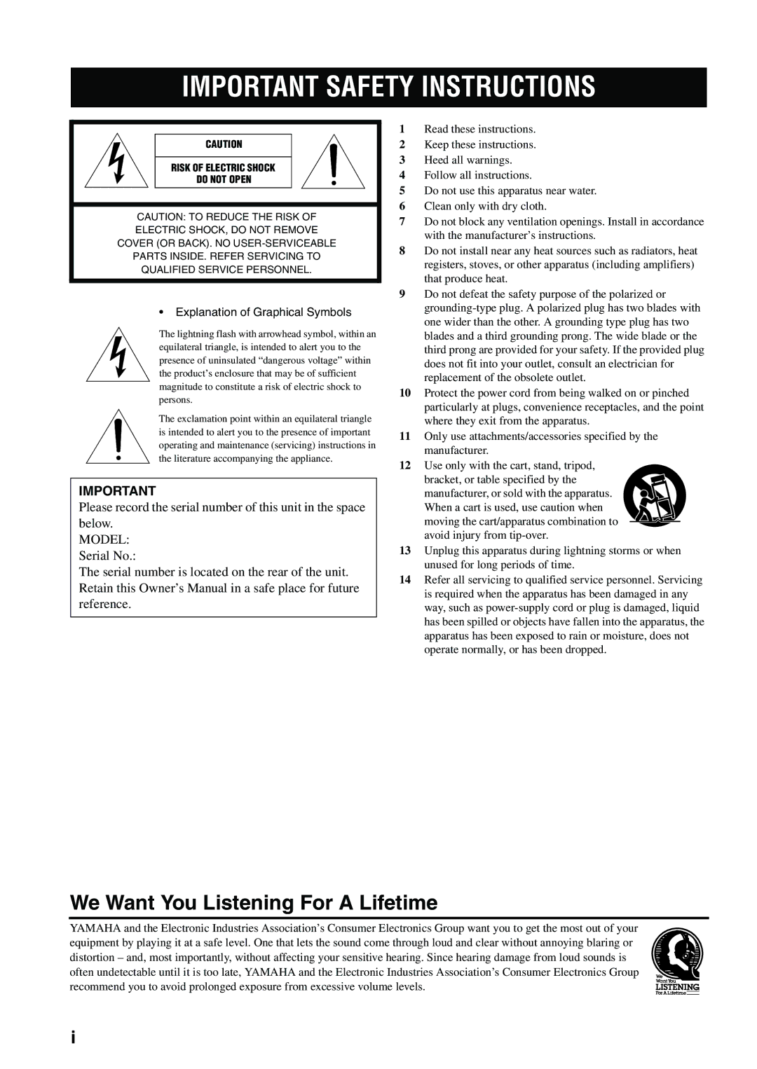 Yamaha AX-497, AX-397 owner manual Important Safety Instructions, Serial No 