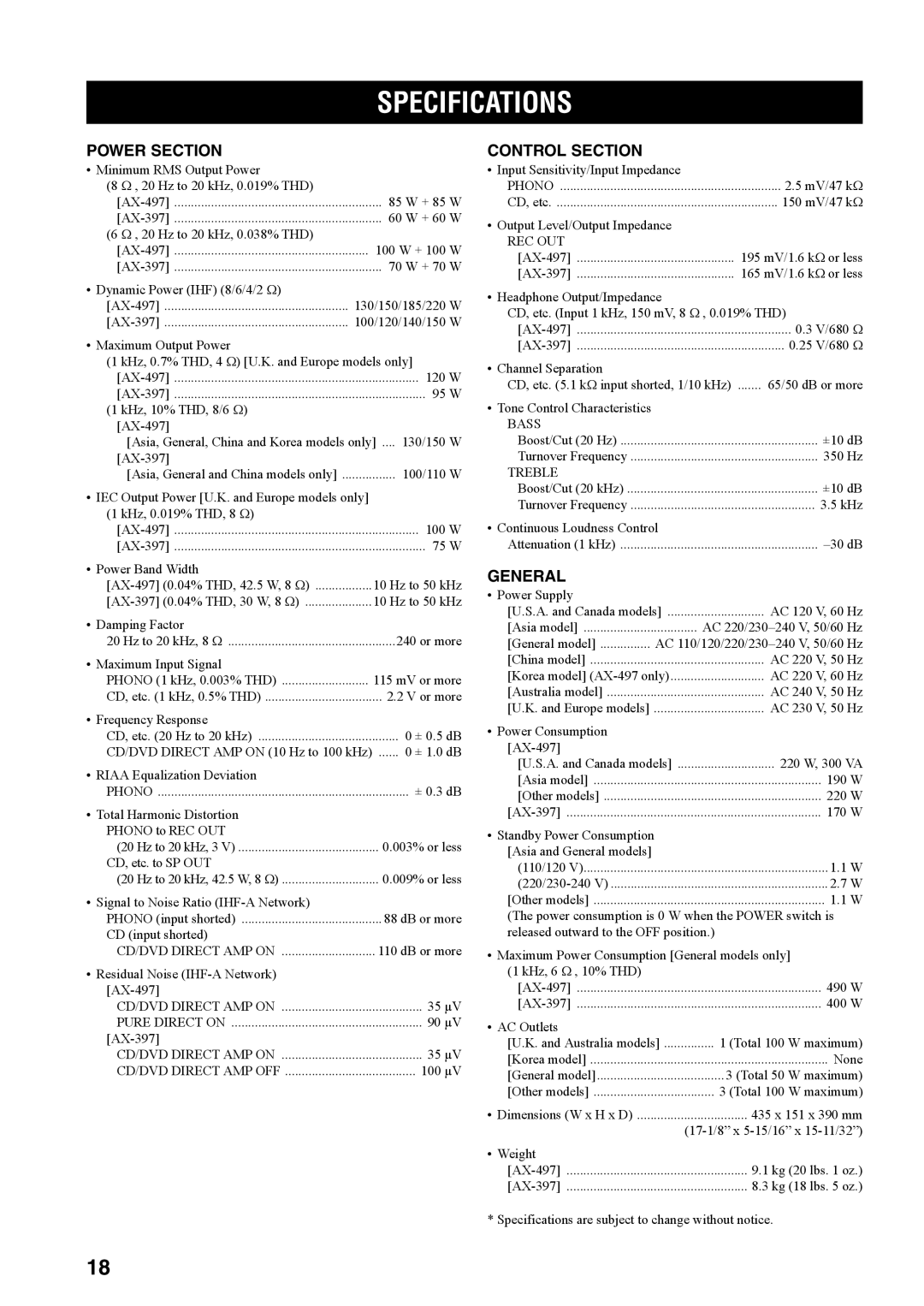 Yamaha AX-497, AX-397 owner manual Specifications, Power Section, Control Section, General 