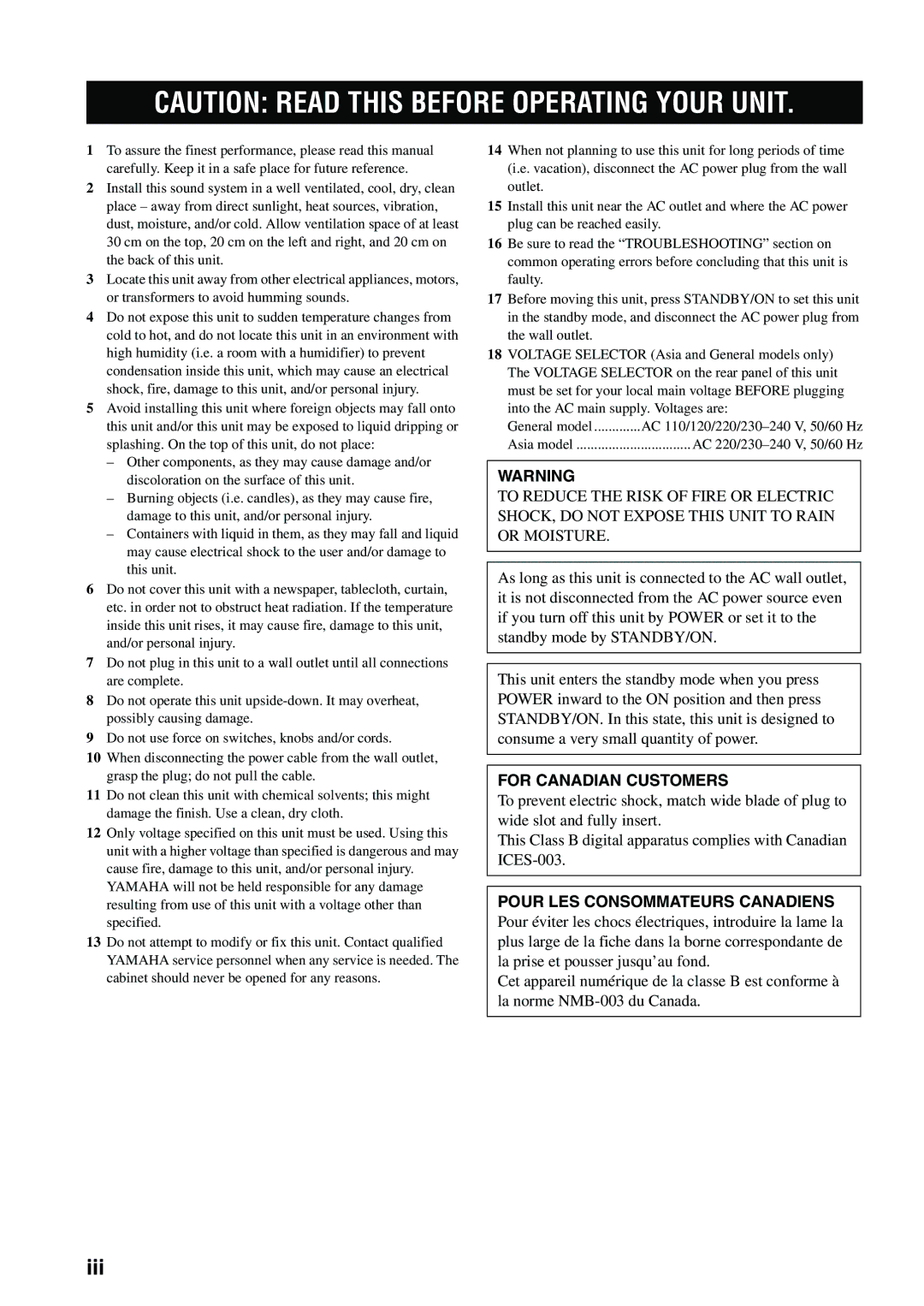 Yamaha AX-497, AX-397 owner manual For Canadian Customers, Pour LES Consommateurs Canadiens 