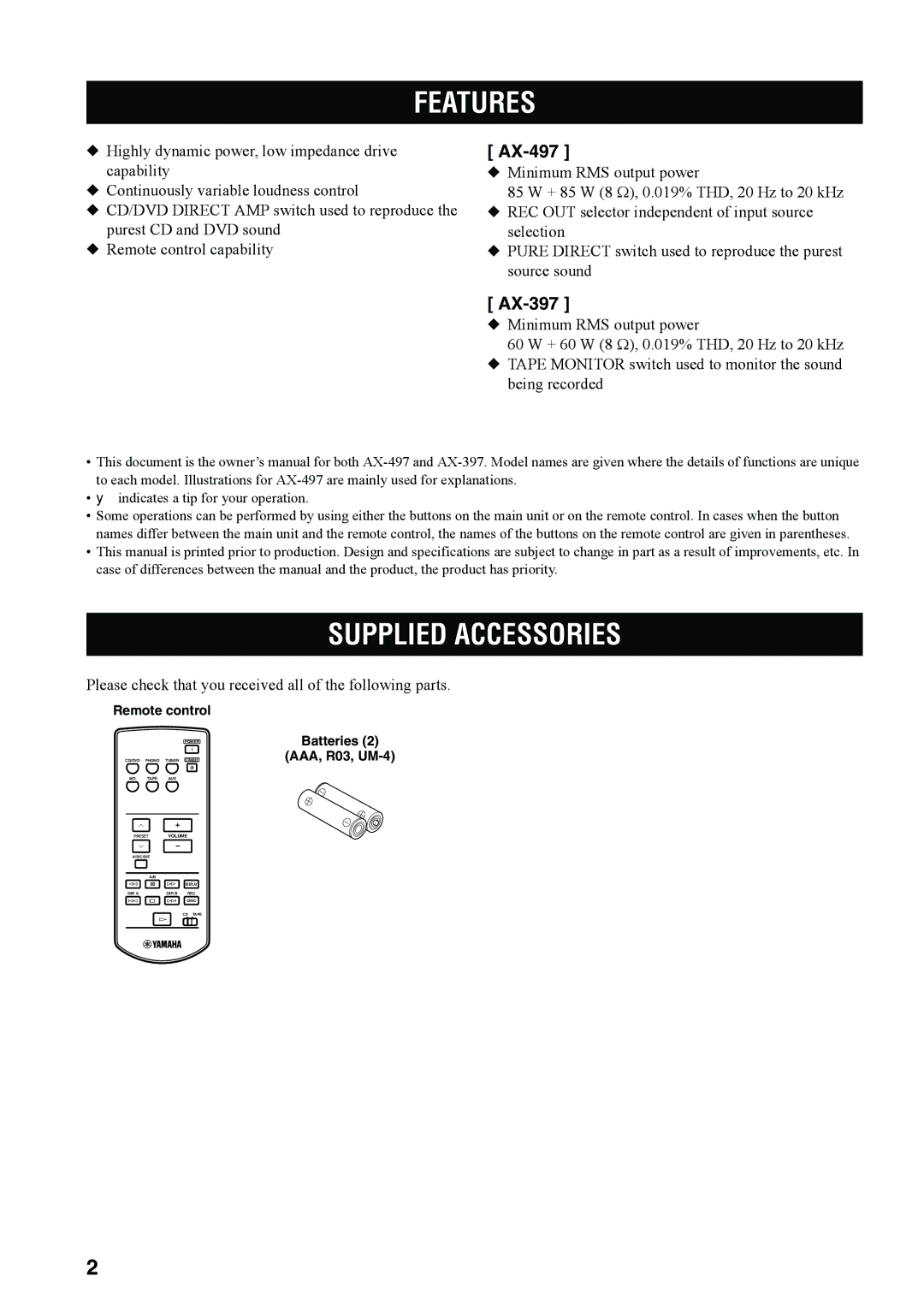 Yamaha AX-497 owner manual Features, Supplied Accessories, AX-397 