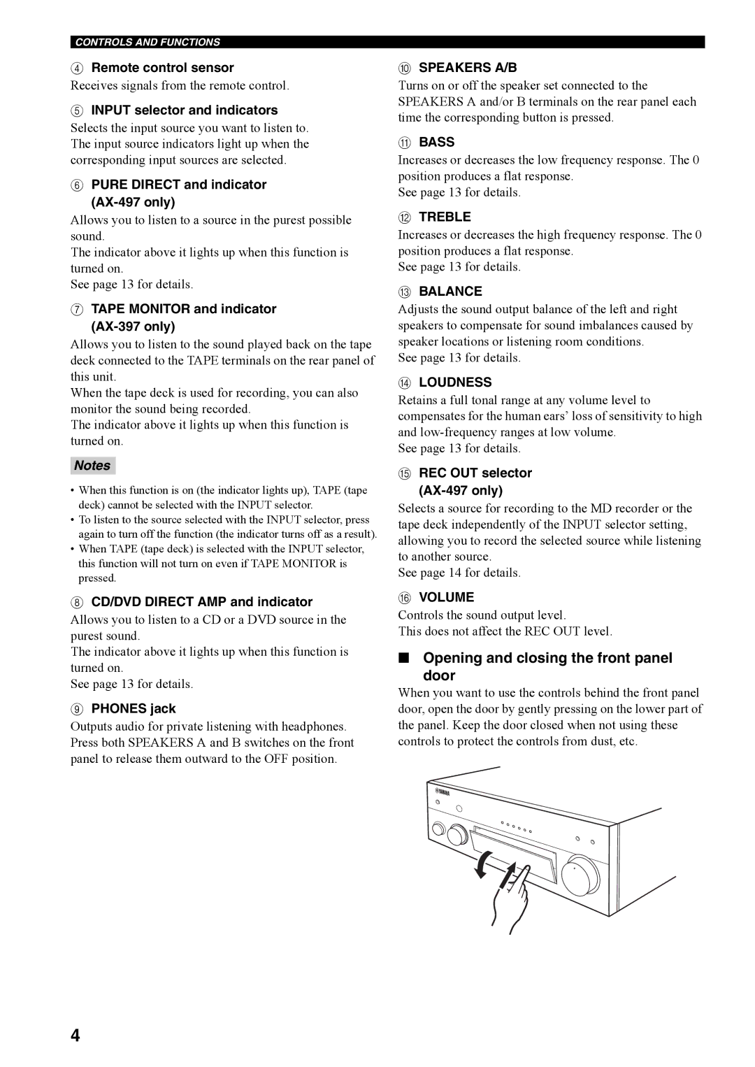 Yamaha AX-497, AX-397 owner manual Opening and closing the front panel Door 