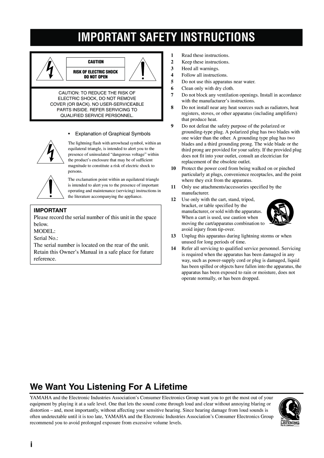 Yamaha AX-497, AX-397 owner manual Important Safety Instructions, We Want You Listening For A Lifetime 