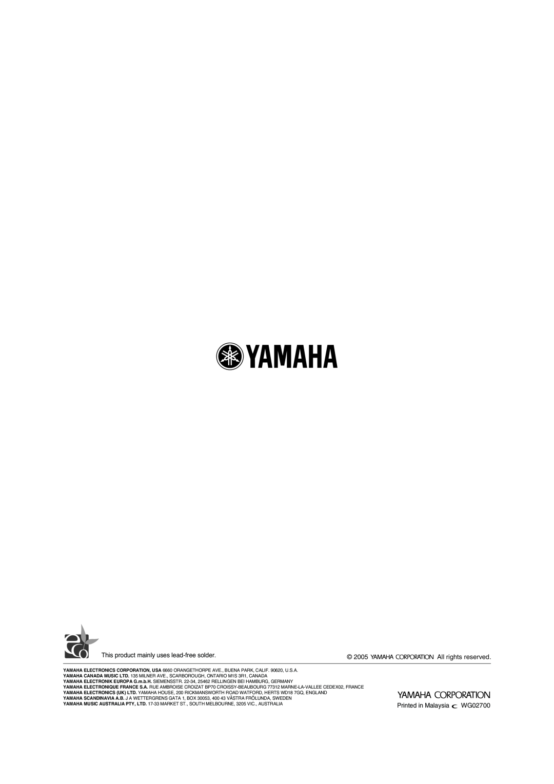 Yamaha AX-397, AX-497 owner manual This product mainly uses lead-freesolder, 2005, WG02700, All rights reserved 