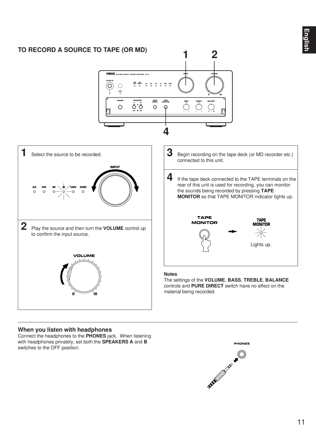 Yamaha AX-9 owner manual To Record a Source to Tape or MD, When you listen with headphones 