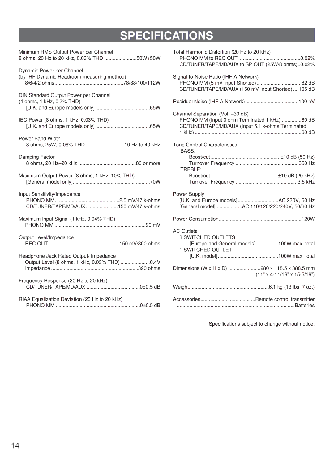 Yamaha AX-9 owner manual Specifications, Rec Out 