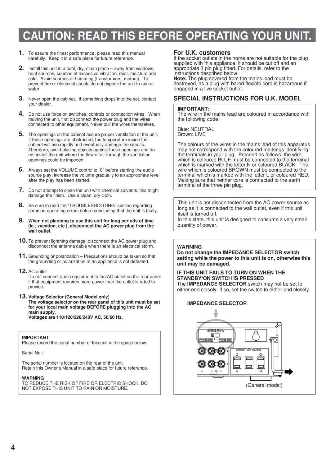 Yamaha AX-9 owner manual For U.K. customers, Special Instructions for U.K. Model 