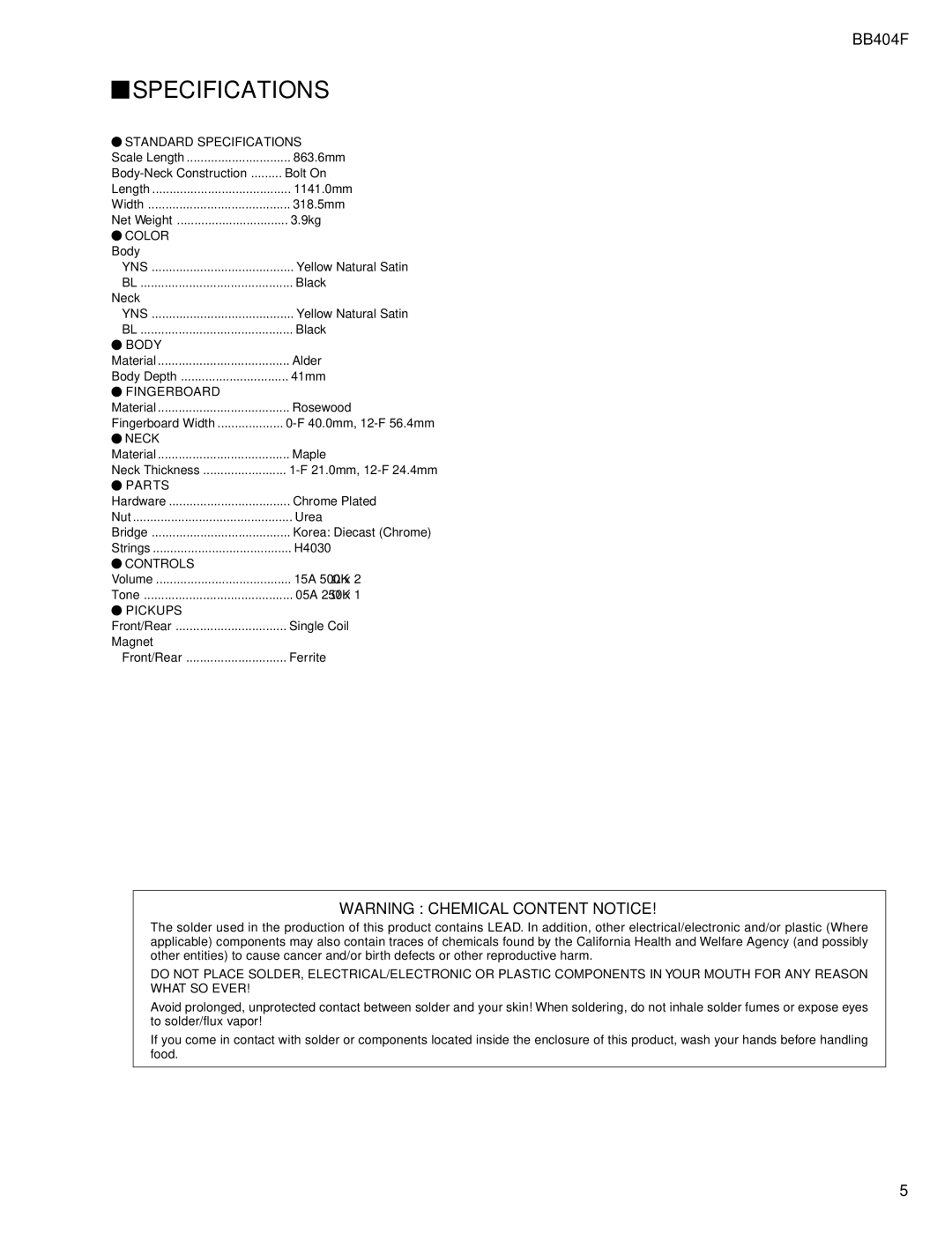 Yamaha bb404f service manual Specifications, Pickups 