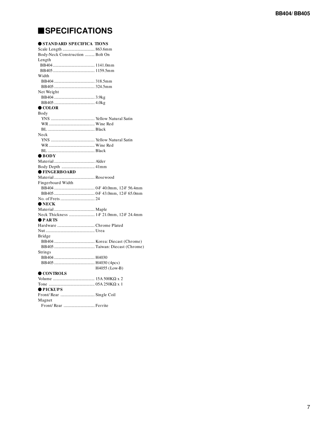 Yamaha BB404, BB405 service manual Specifications, Standard Specifica Tions 