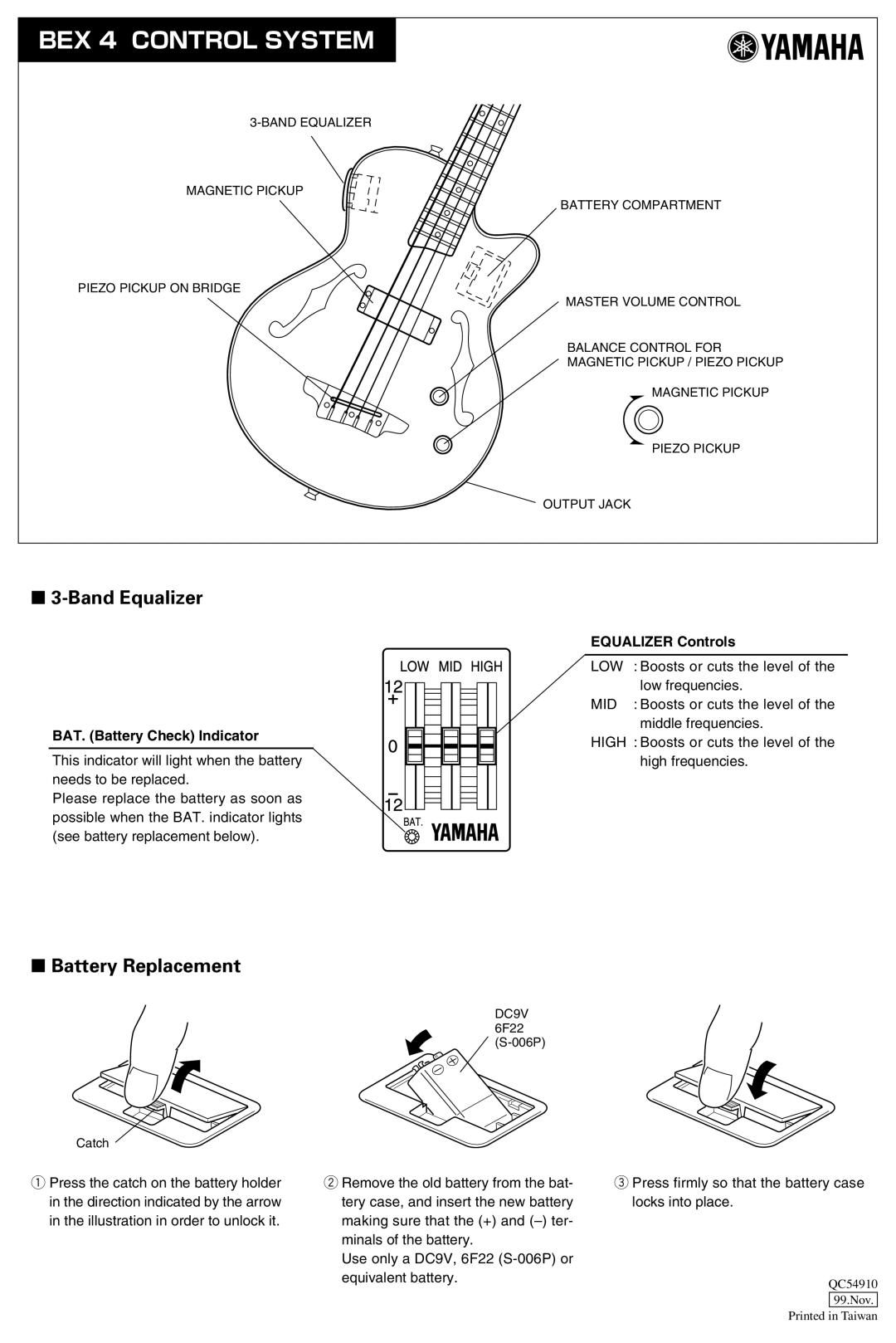 Yamaha manual BEX 4 Control System, Band Equalizer, Battery Replacement, BAT. Battery Check Indicator 