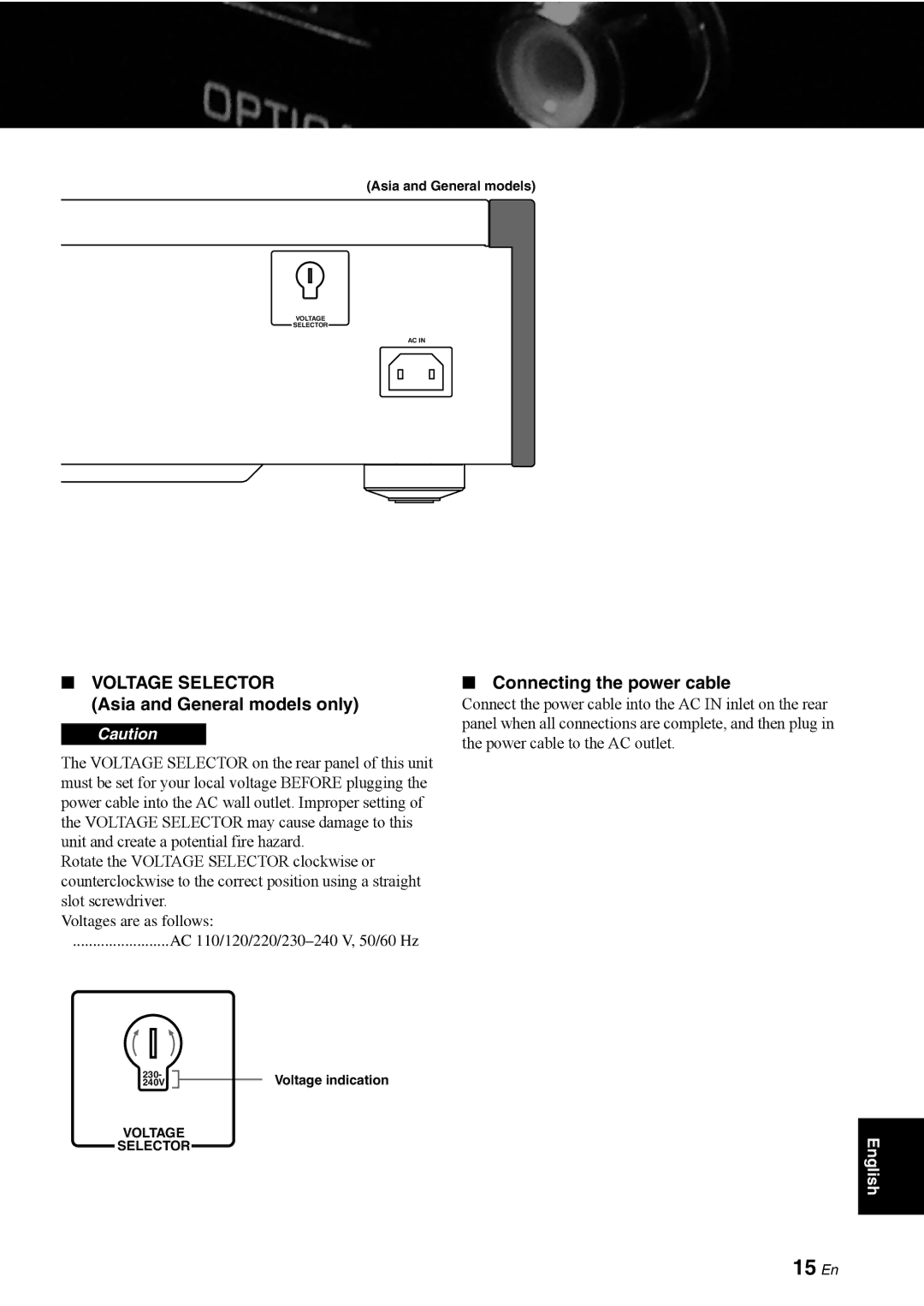 Yamaha CD-S1000 owner manual 15 En, Asia and General models only, Connecting the power cable 