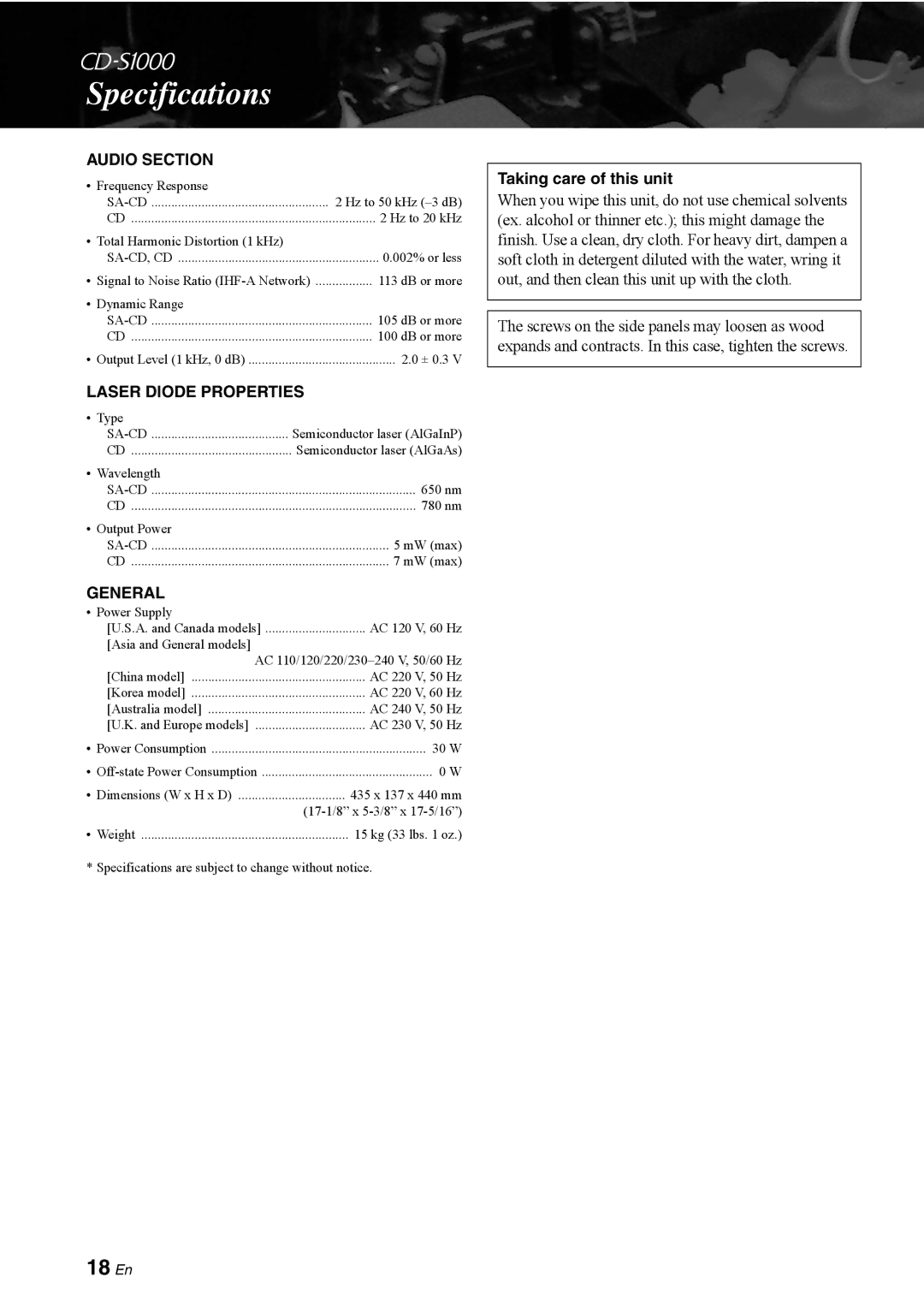 Yamaha CD-S1000 owner manual Specifications, 18 En, Audio Section, Laser Diode Properties, General 