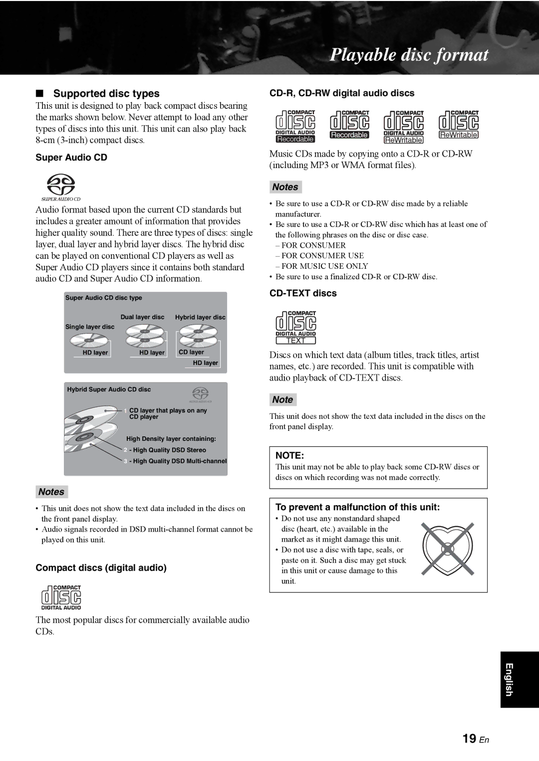 Yamaha CD-S1000 owner manual Playable disc format, 19 En, Supported disc types 