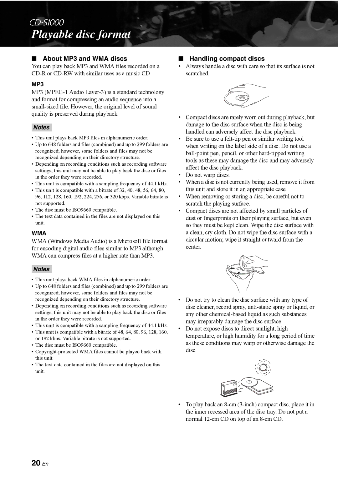 Yamaha CD-S1000 owner manual 20 En, About MP3 and WMA discs, Handling compact discs, Wma 