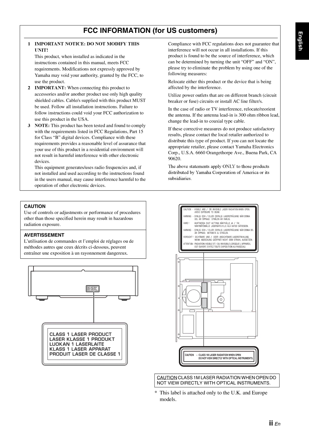 Yamaha CD-S1000 owner manual FCC Information for US customers, Ii En 