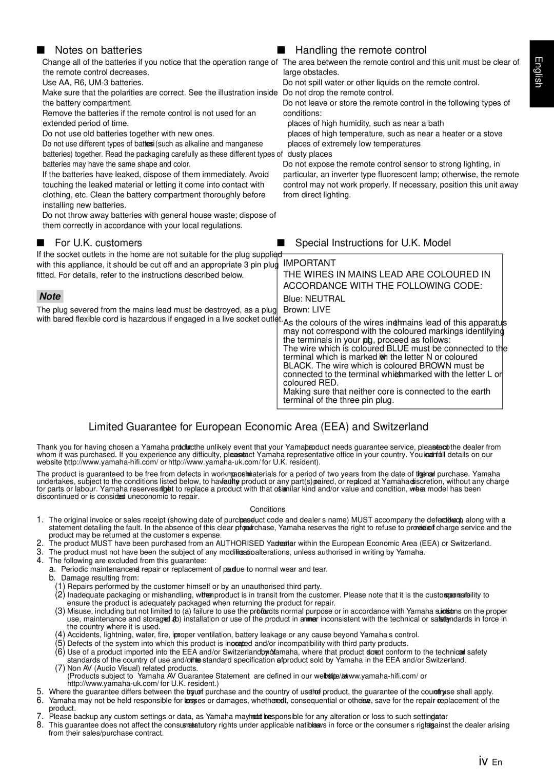 Yamaha CD-S1000 owner manual For U.K. customers, Handling the remote control, Special Instructions for U.K. Model 