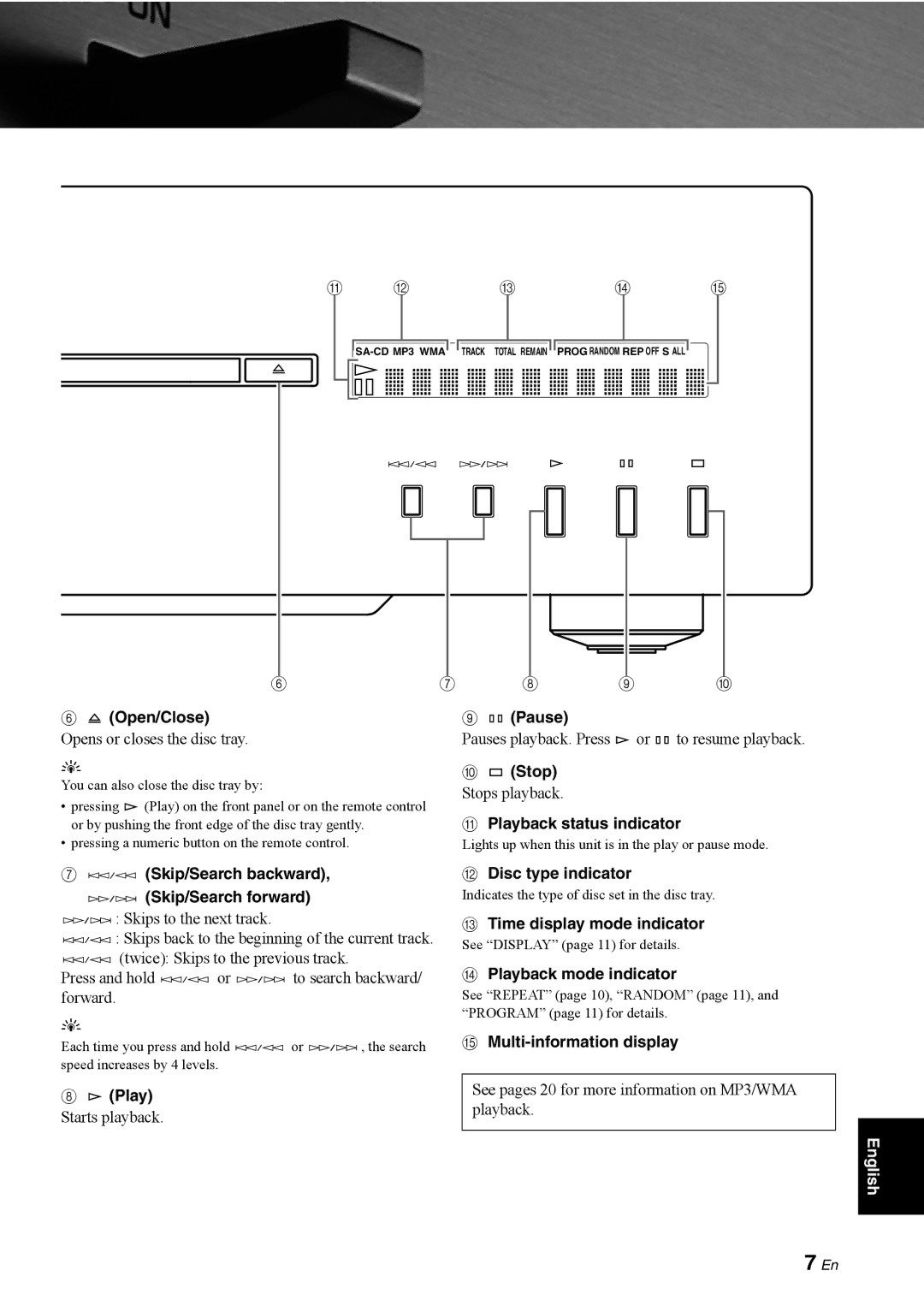 Yamaha CD-S1000 owner manual Open/Close Pause, Stop, Playback status indicator, Skip/Search backward Skip/Search forward 