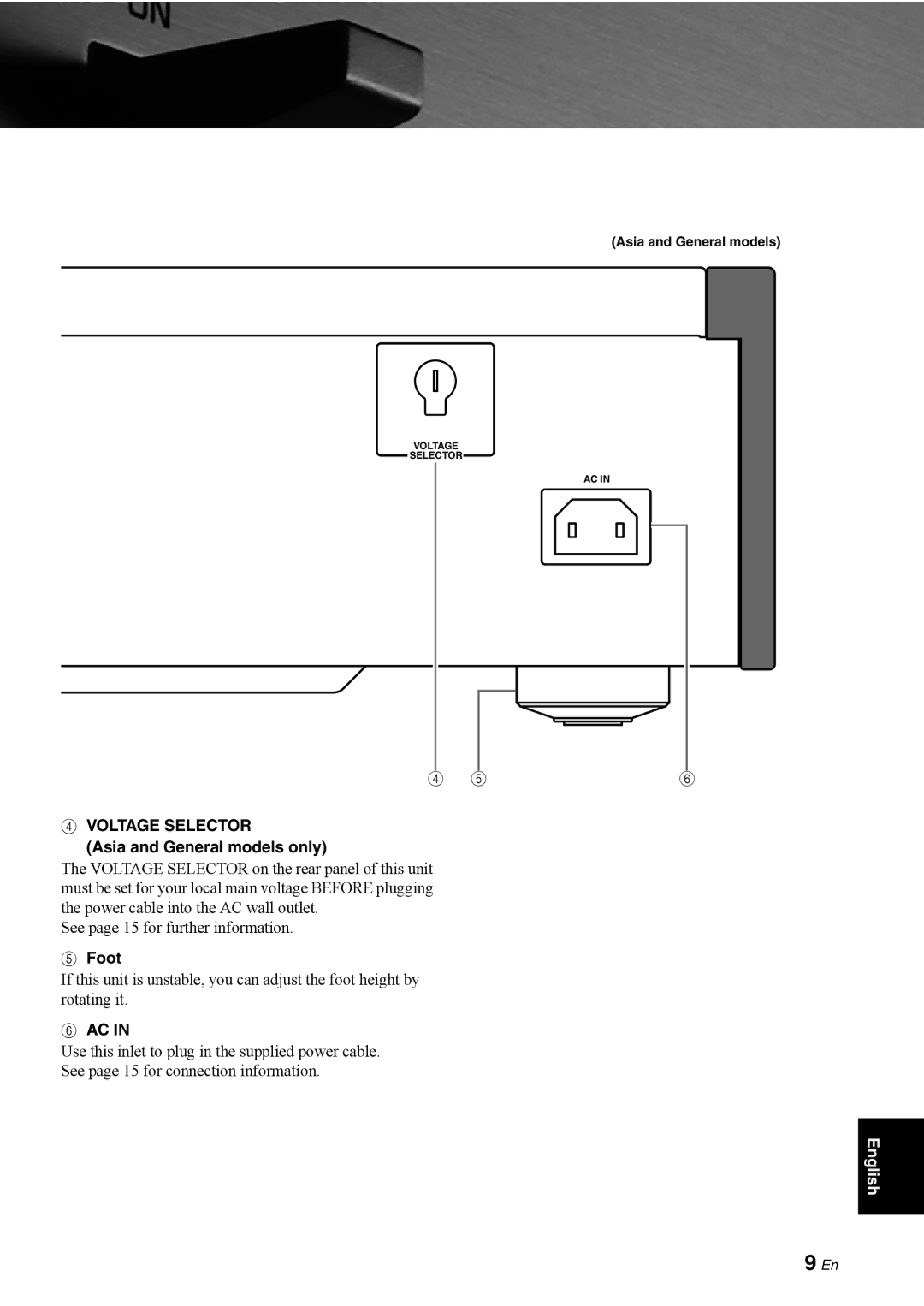 Yamaha CD-S1000 owner manual Voltage Selector, Asia and General models only, Foot 