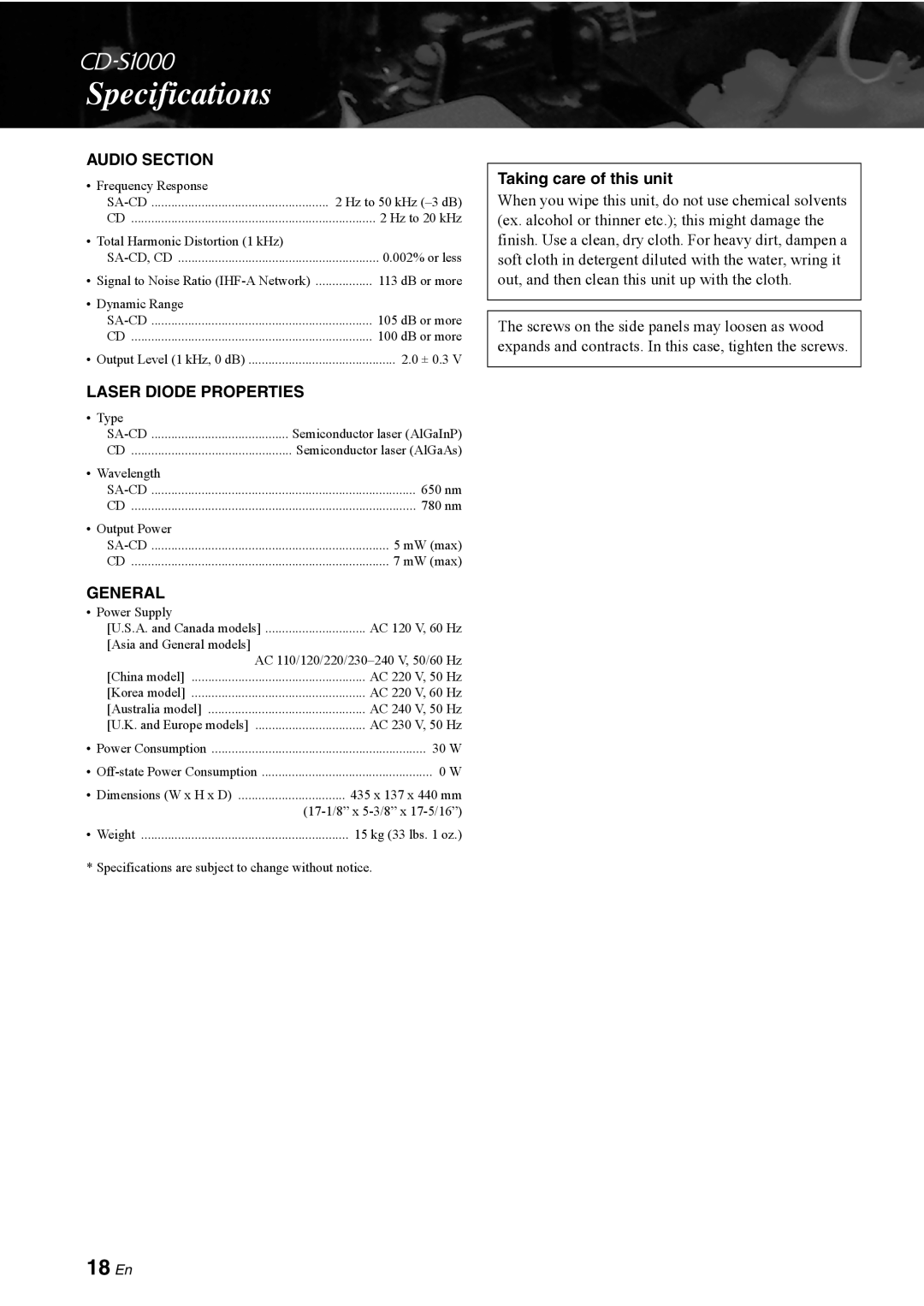 Yamaha CD-S1000 owner manual Specifications, 18 En 