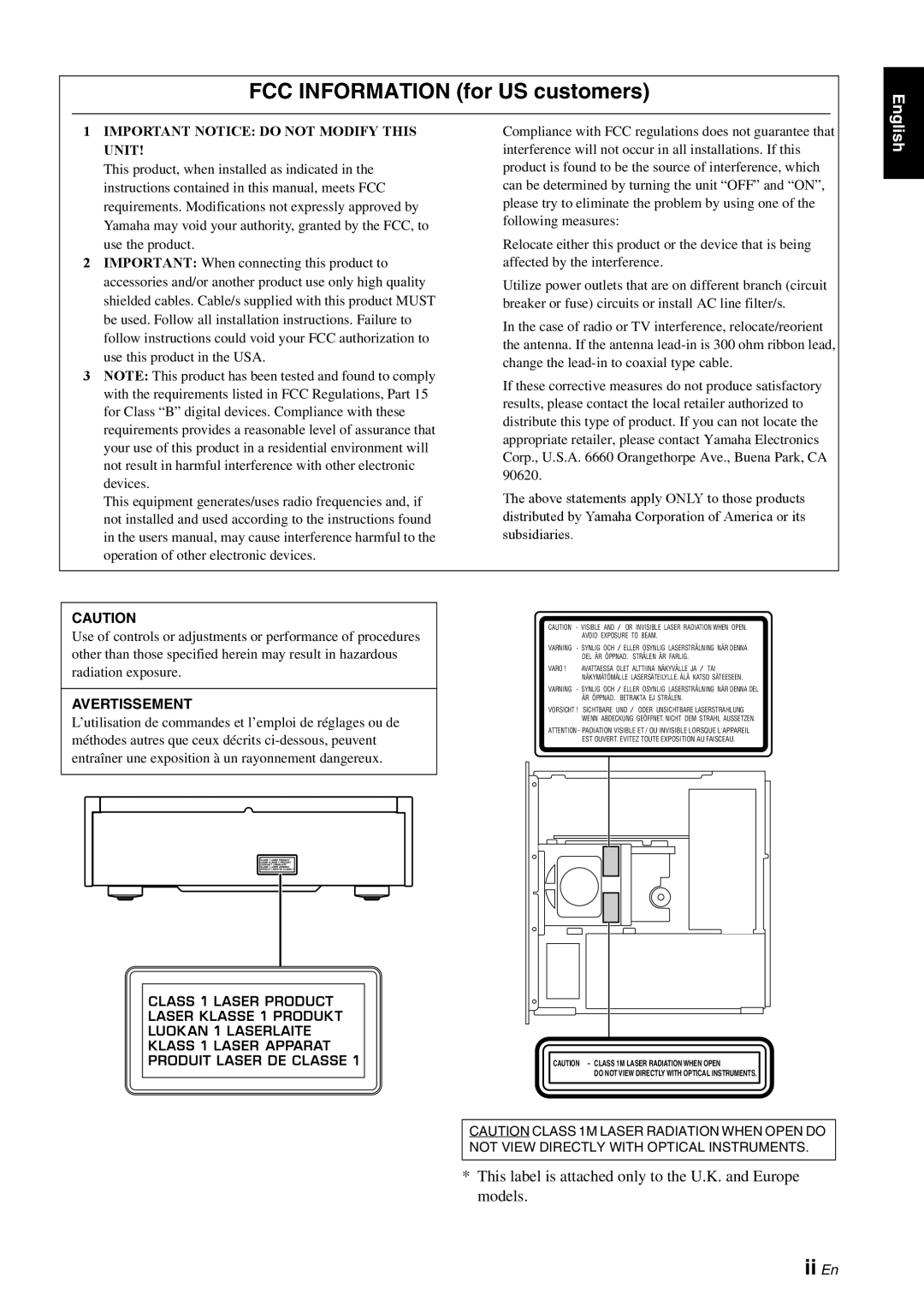 Yamaha CD-S1000 FCC INFORMATION for US customers, ii En, 1IMPORTANT NOTICE DO NOT MODIFY THIS UNIT, Avertissement 