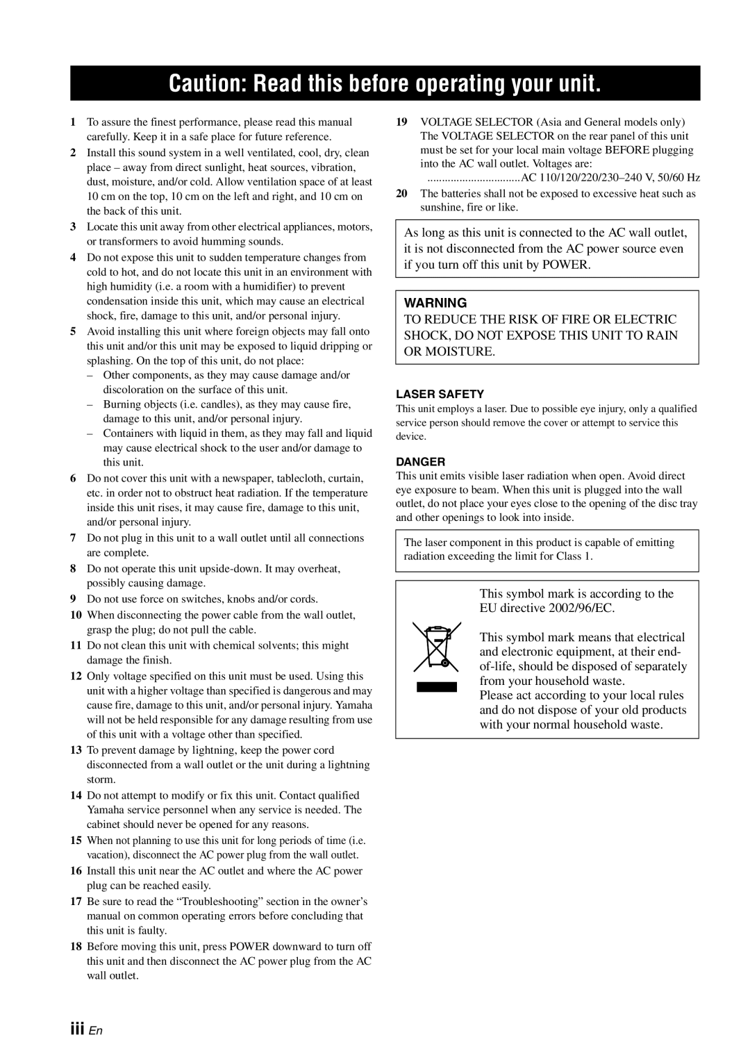 Yamaha CD-S1000 owner manual Caution Read this before operating your unit, iii En 