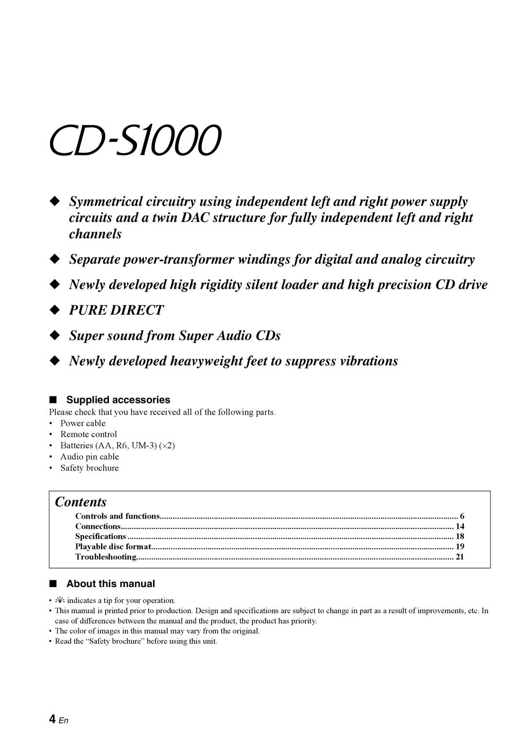 Yamaha CD-S1000 owner manual PURE DIRECT Super sound from Super Audio CDs 