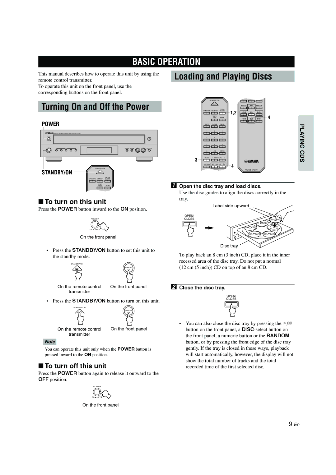 Yamaha CDC-697 owner manual Basic Operation, Turning On and Off the Power, Loading and Playing Discs, To turn on this unit 