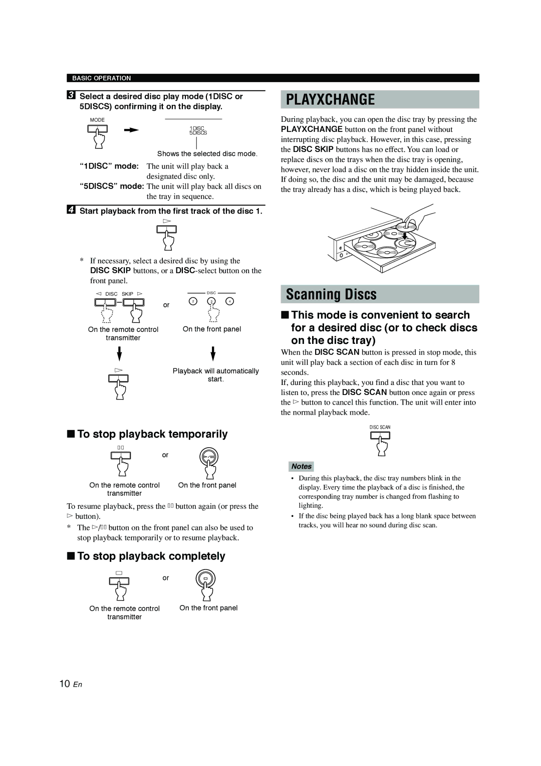 Yamaha CDC-697 owner manual Scanning Discs, To stop playback temporarily, To stop playback completely 