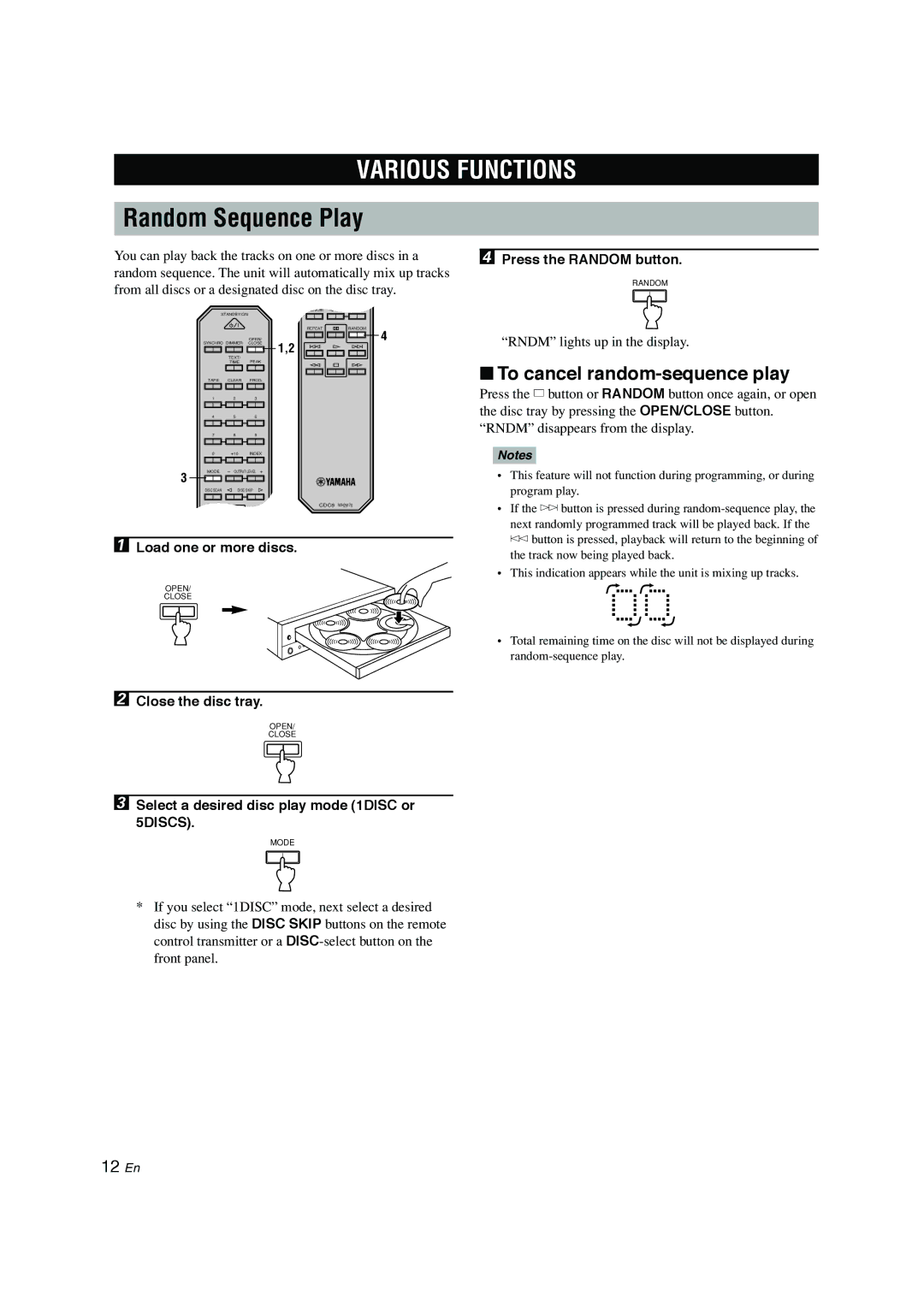 Yamaha CDC-697 owner manual Various Functions, Random Sequence Play, To cancel random-sequence play 