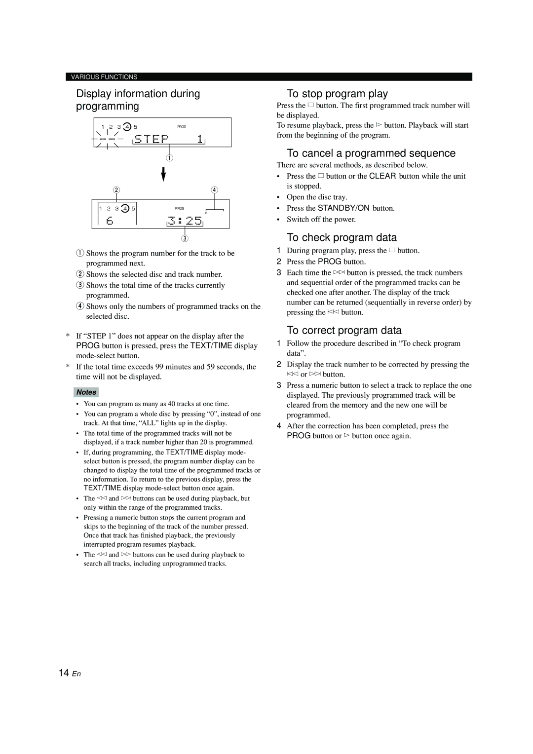 Yamaha CDC-697 owner manual Display information during programming, To stop program play, To cancel a programmed sequence 