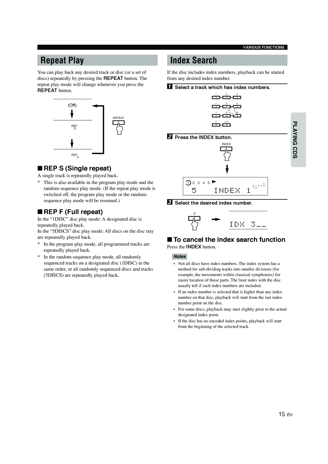 Yamaha CDC-697 Repeat Play, Index Search, REP S Single repeat, REP F Full repeat, To cancel the index search function 