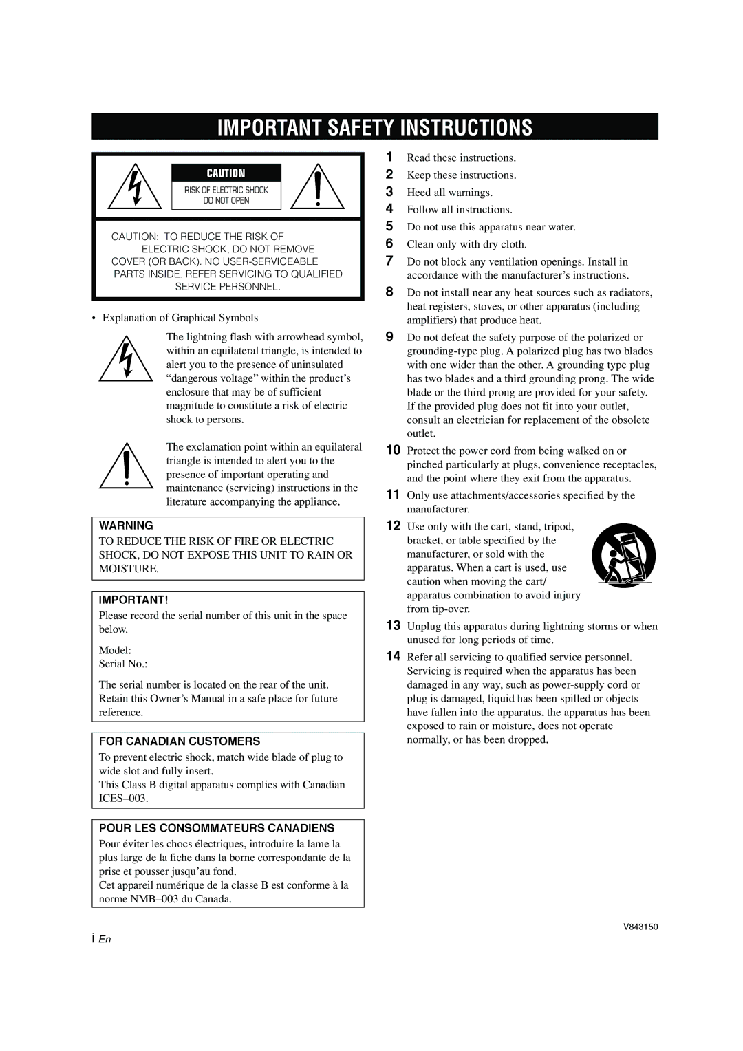 Yamaha CDC-697 owner manual Important Safety Instructions 