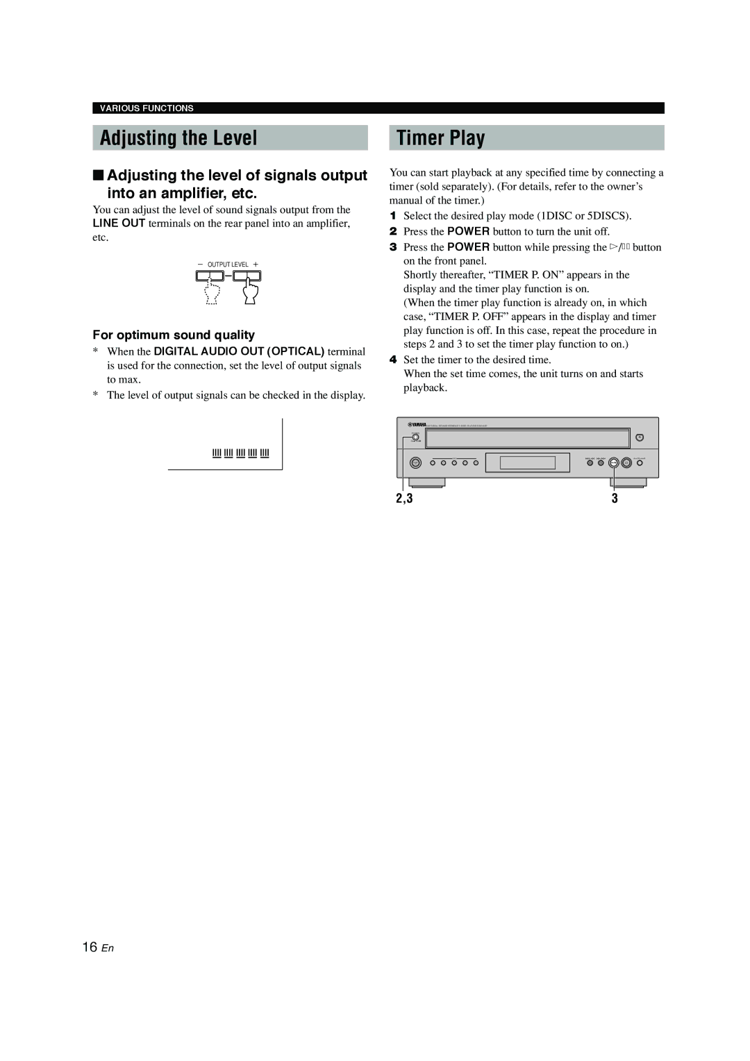 Yamaha CDC-697 owner manual Adjusting the Level, Timer Play, For optimum sound quality 