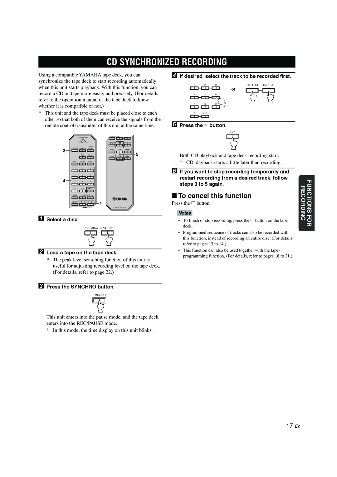 Yamaha CDC-697 owner manual CD Synchronized Recording, To cancel this function 