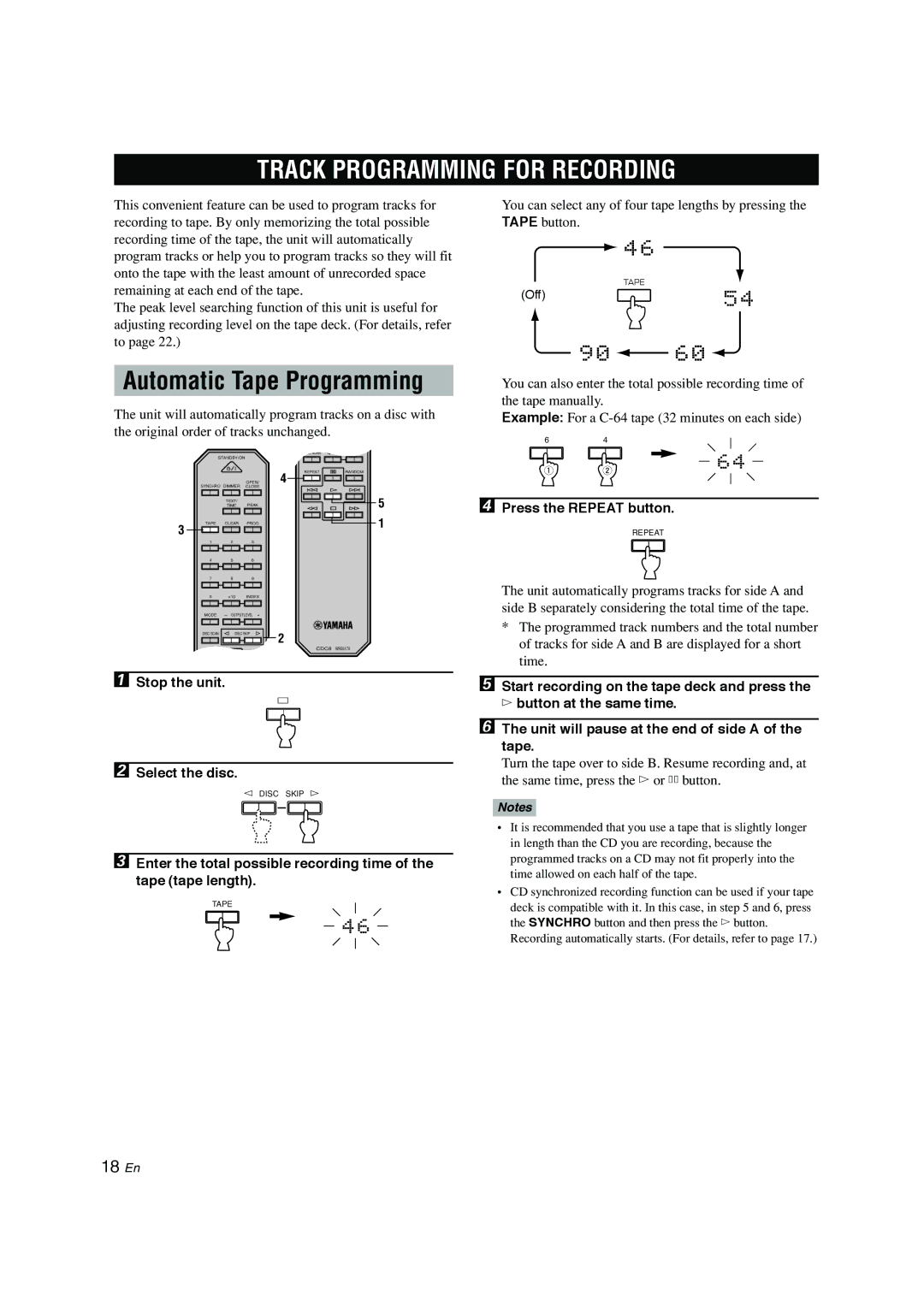 Yamaha CDC-697 owner manual Track Programming for Recording, Automatic Tape Programming, Press the Repeat button 