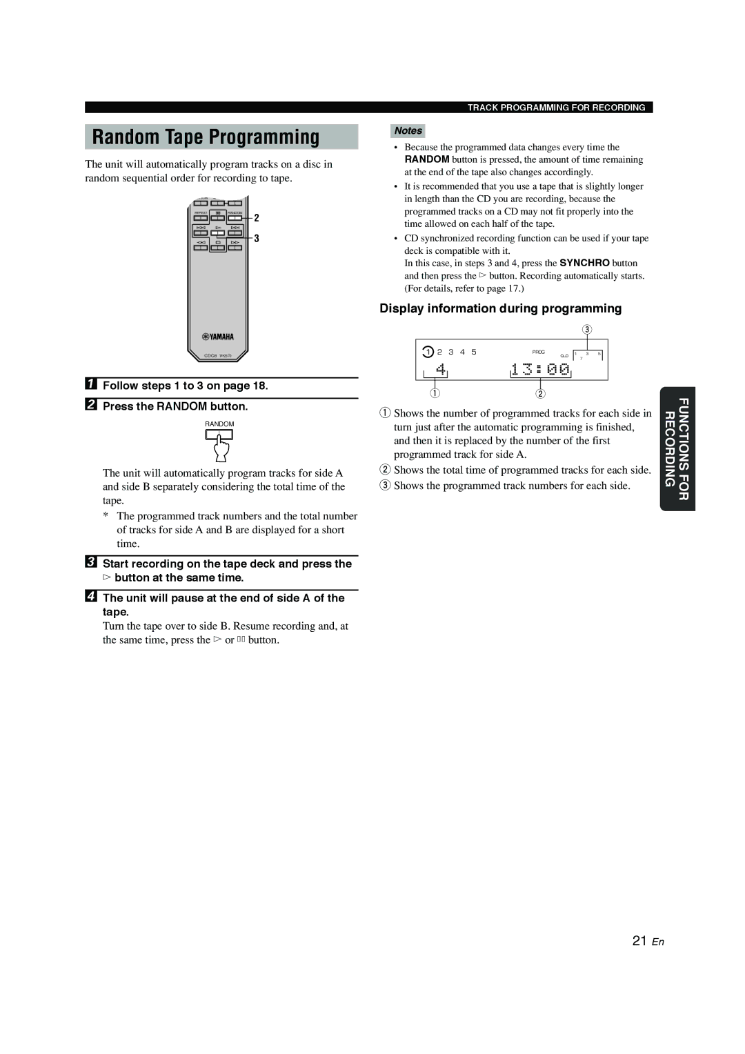 Yamaha CDC-697 owner manual Random Tape Programming, 1300, Display information during programming 