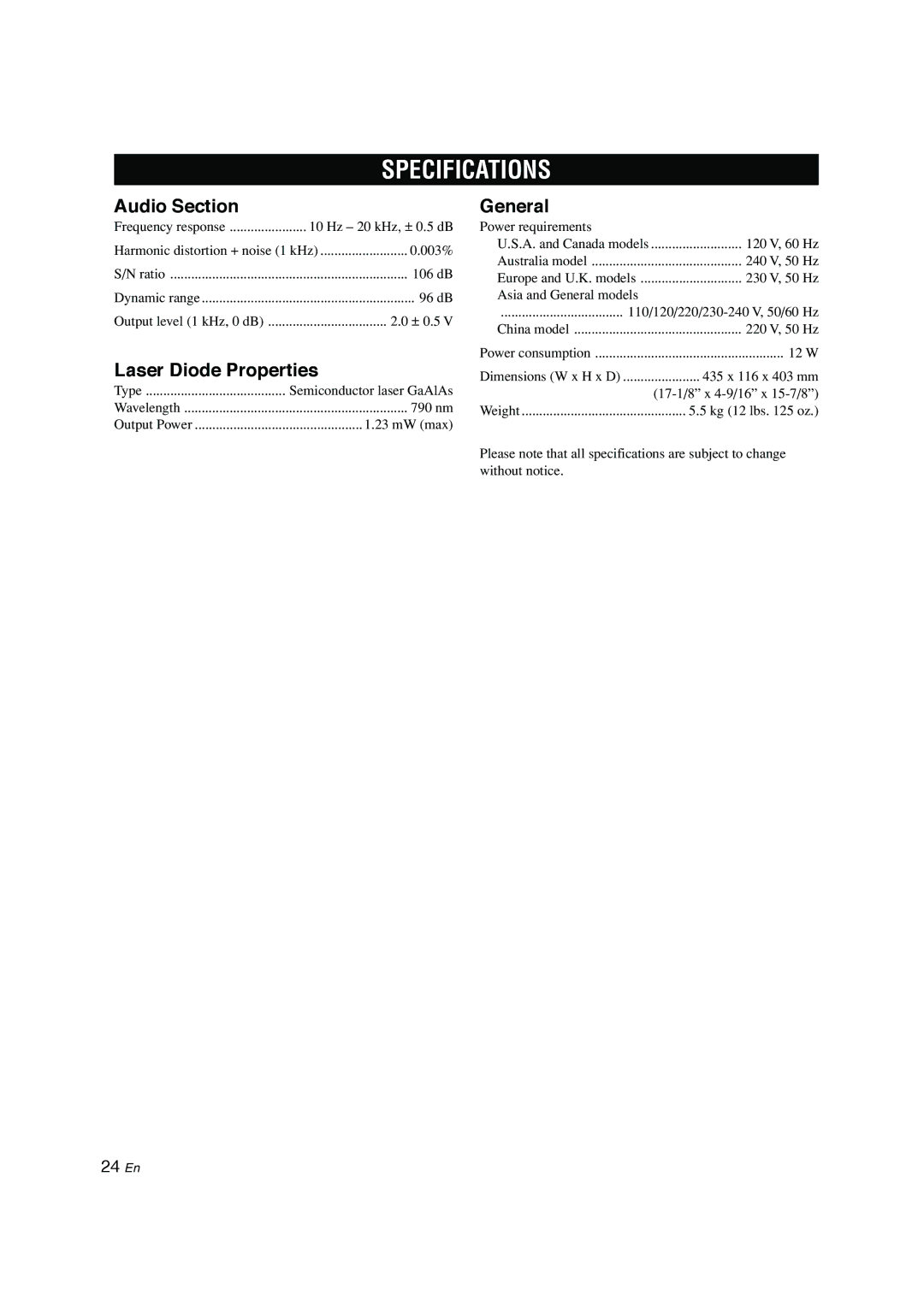 Yamaha CDC-697 owner manual Specifications, Audio Section, Laser Diode Properties, General 