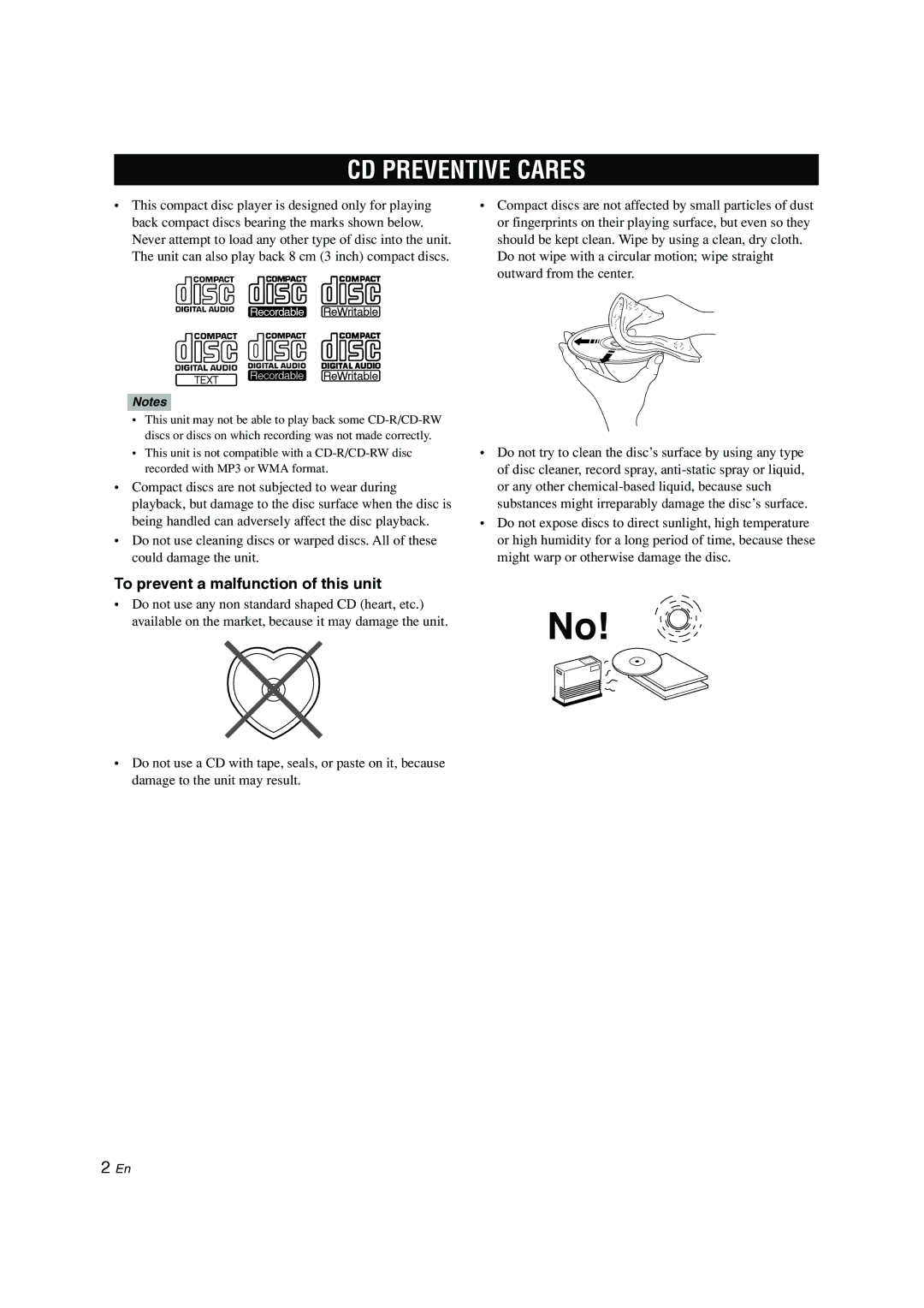 Yamaha CDC-697 owner manual CD Preventive Cares, To prevent a malfunction of this unit 