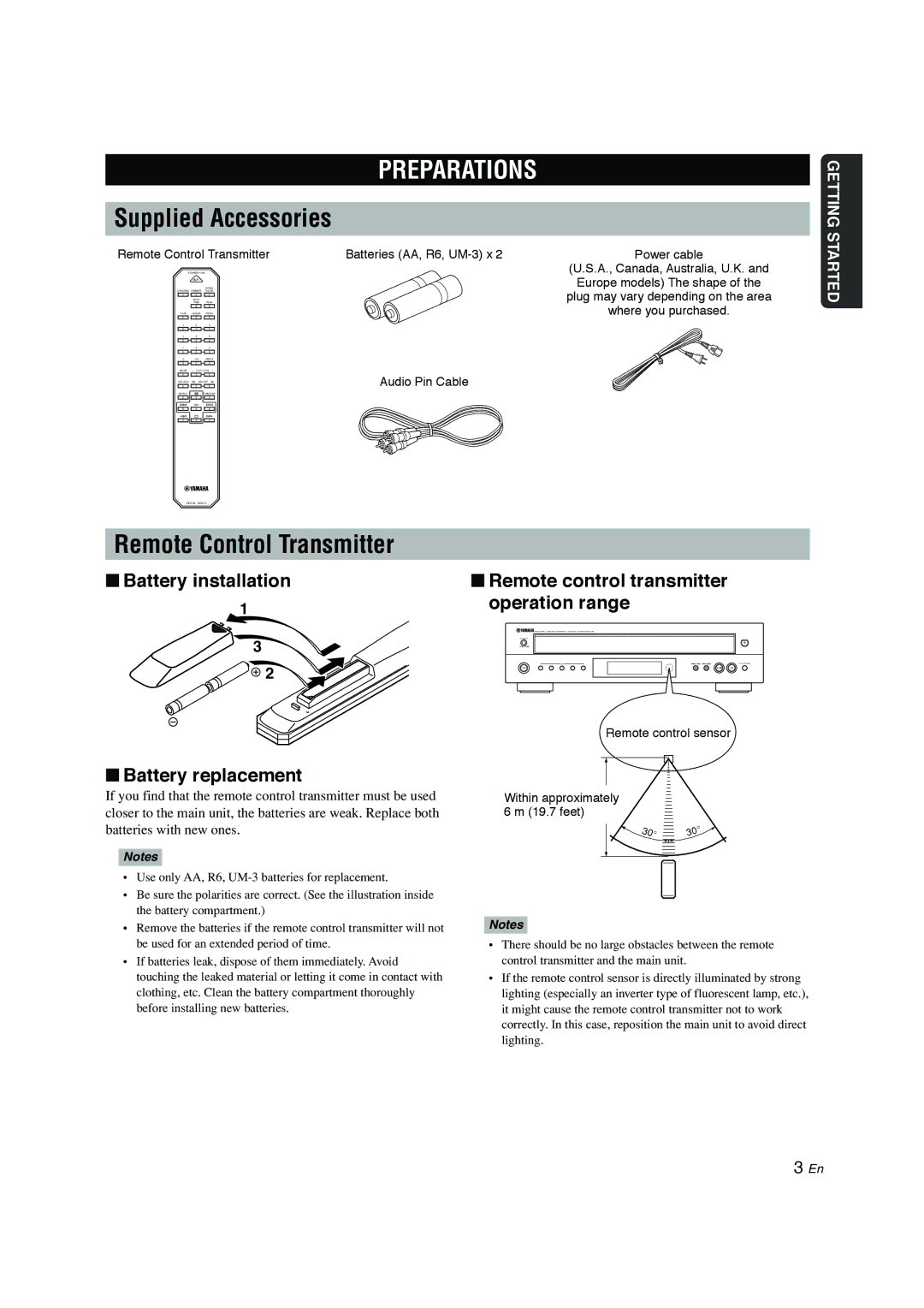 Yamaha CDC-697 owner manual Preparations, Supplied Accessories, Remote Control Transmitter, Battery replacement 