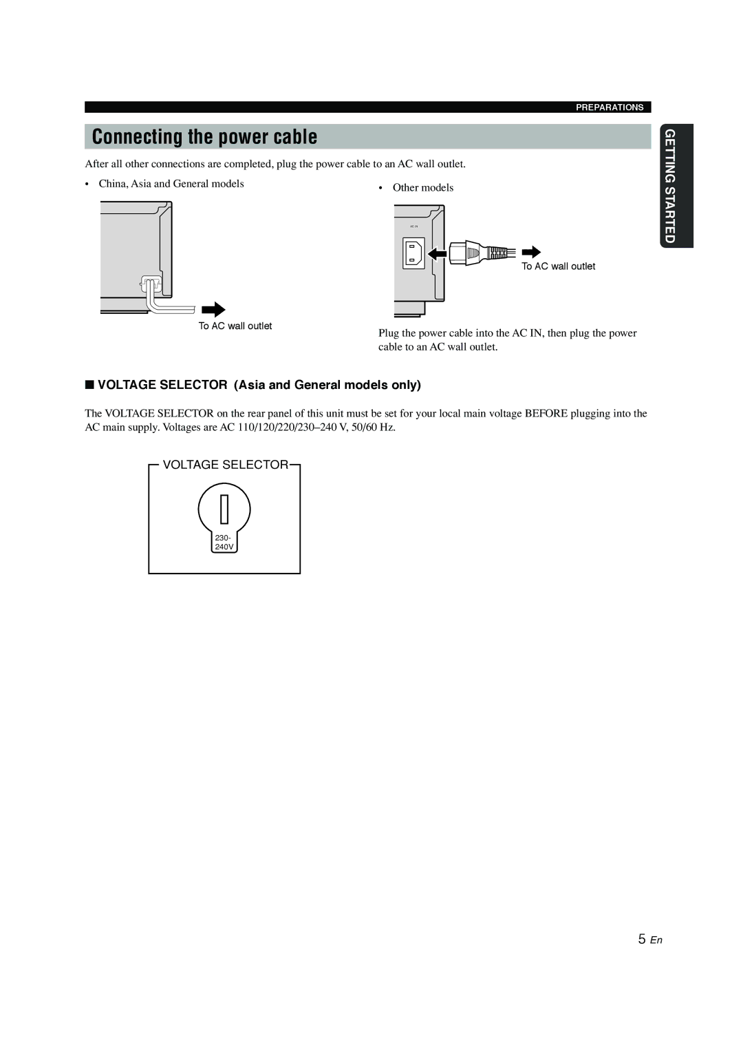 Yamaha CDC-697 owner manual Connecting the power cable, Voltage Selector Asia and General models only 